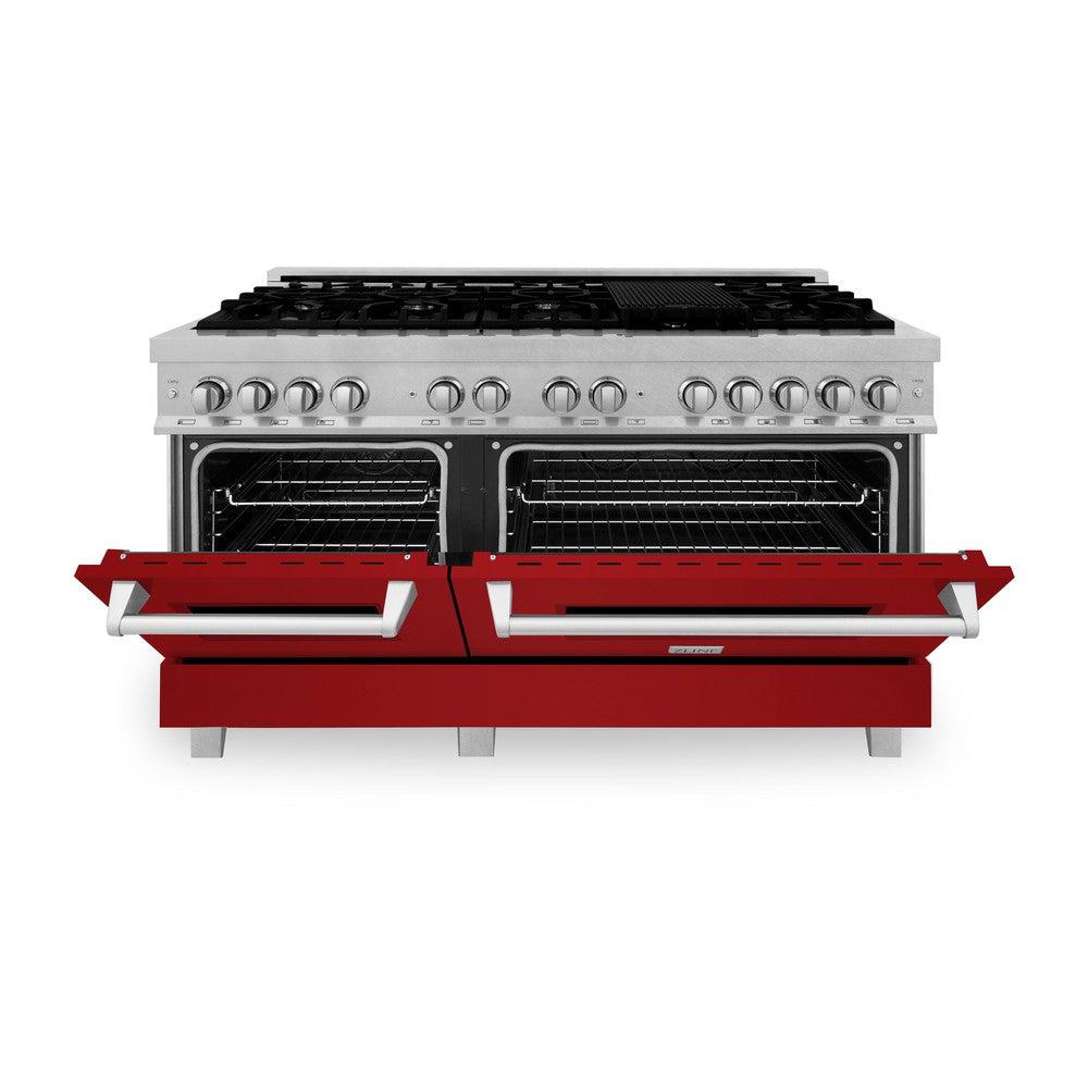 ZLINE 60-inch 7.4 cu. ft. Legacy Dual Fuel Range - 9 Burner Gas Cooktop & 2 Electric Convection Ovens - Satin Stainless Steel with Red Gloss Doors (RAS RG 60) - Perfect for Professional Home Chefs & Modern Kitchens