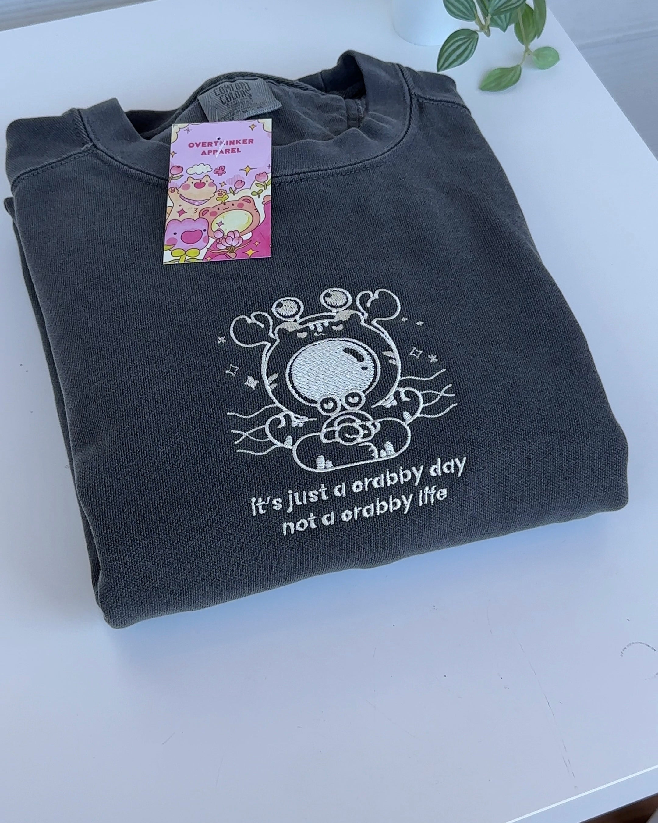 Studio Sample Crabby Day Not a Crabby Life Embroidered Sweatshirt - Pepper | Funny Cute Embroidery Pullover for Women | Perfect for Casual Wear, Beach Outings & Gift Giving
