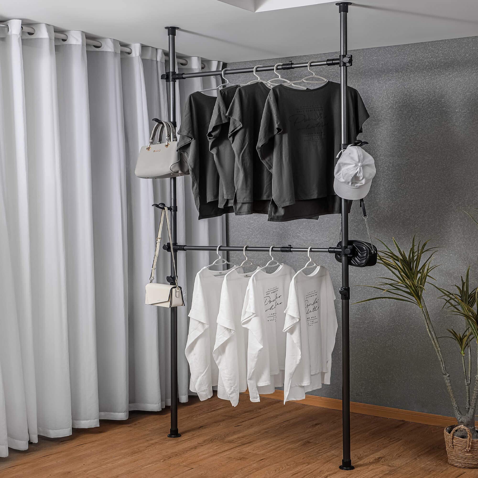 2-Tier Adjustable Clothing Rack - Freestanding Garment Closet Organizer with Telescopic Double Rod (47