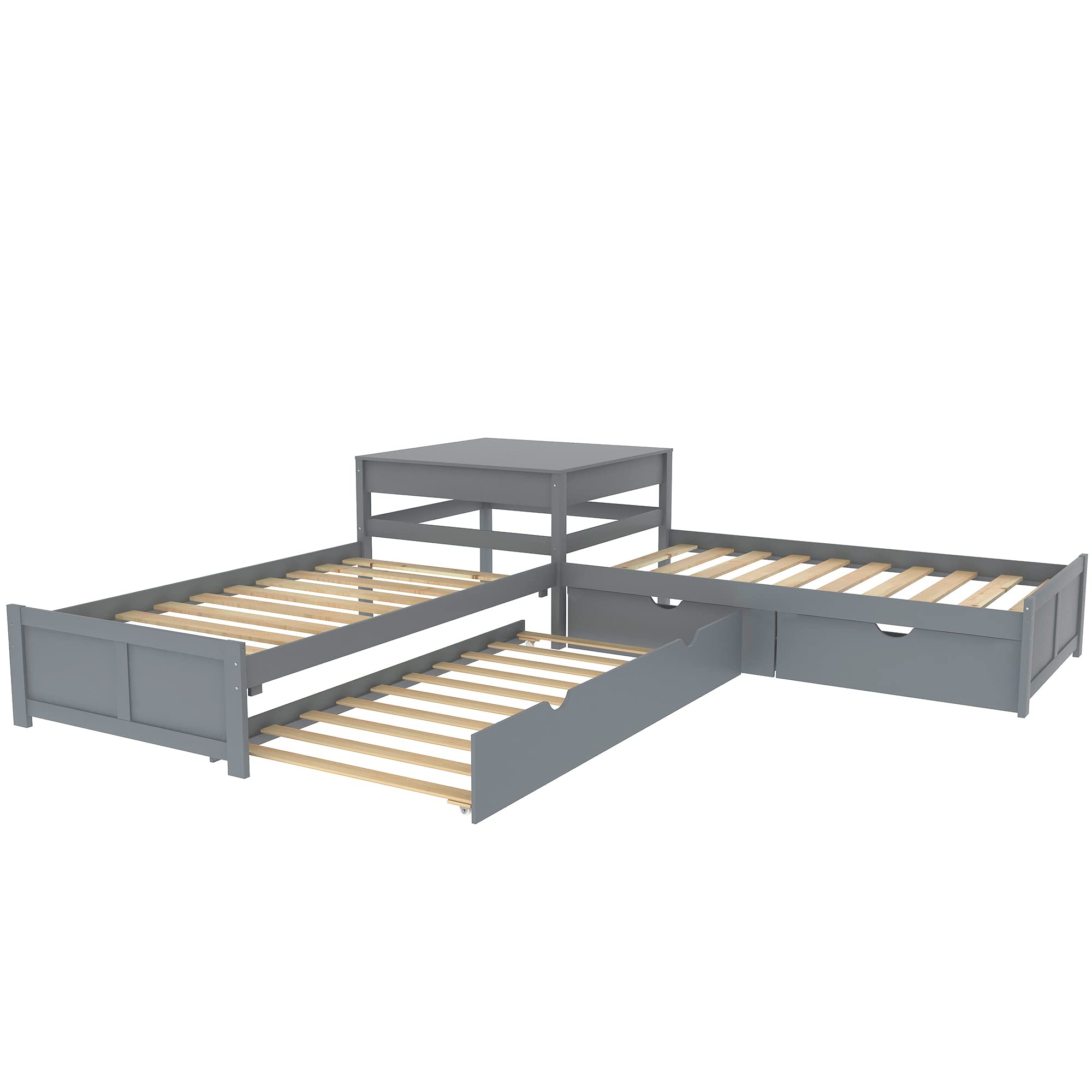 L-Shaped Twin Platform Bed with Trundle and Storage Drawers - Gray Wooden Corner Bed Frame with Built-In Desk for 3 People | Perfect for Small Bedrooms, Dorm Rooms & Shared Kids' Rooms