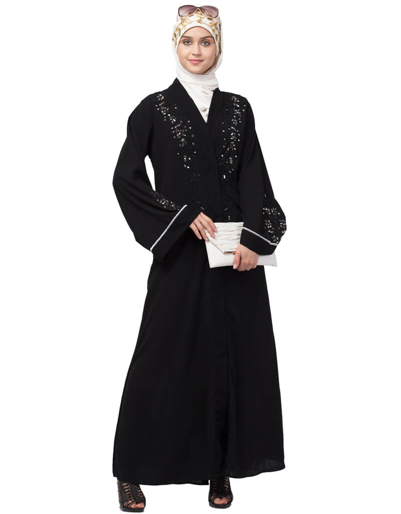 Elegant Black Arabic Abaya with Front Open Design & Hand Embroidery on Sleeves - Perfect for Prayer, Modest Fashion & Special Occasions