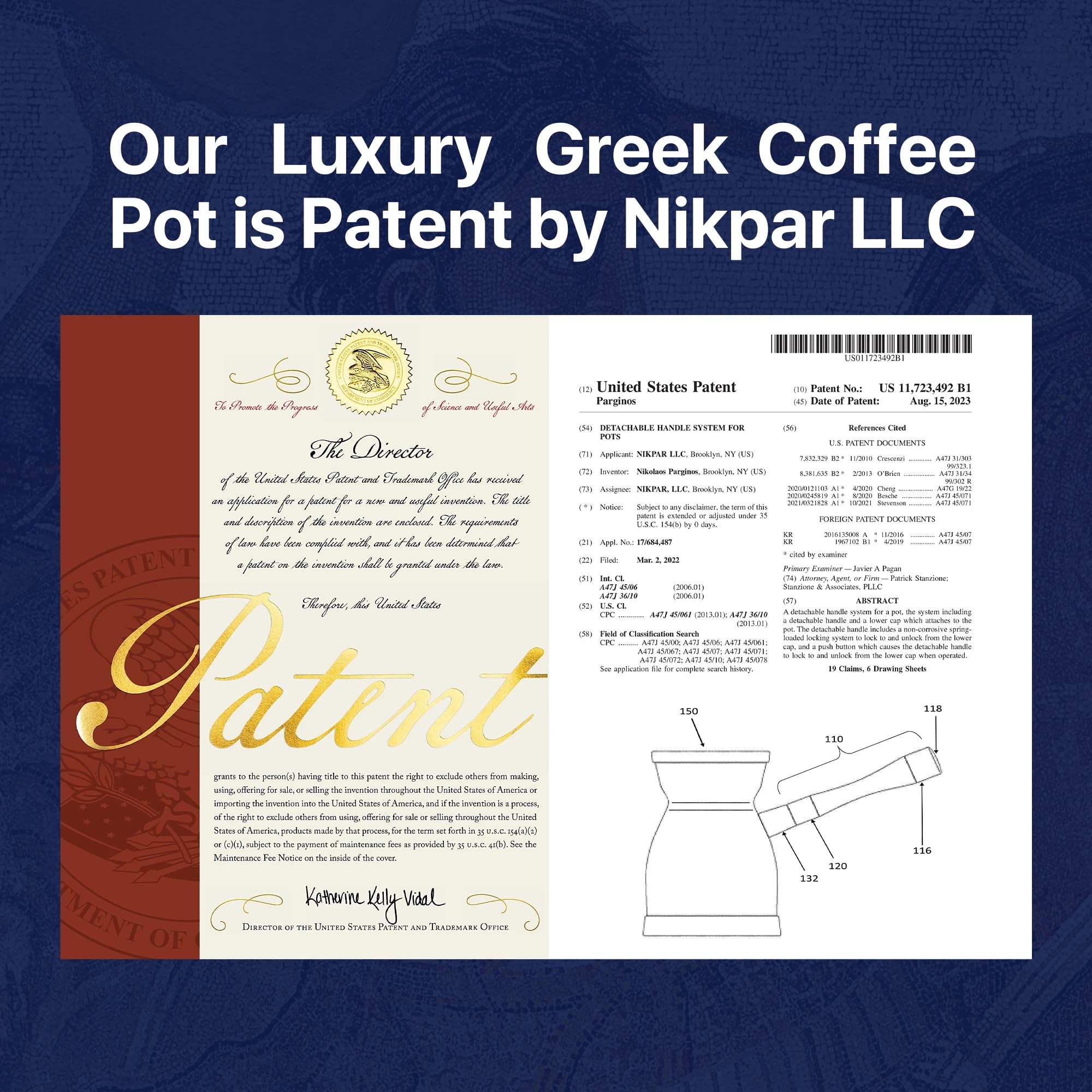Premium NIKPAR Greek Coffee Pot - Macedonian Collection Turkish Arabic Cezve with Detachable Handle, Laser Engraved Briki, 16oz Medium Size for Authentic Brewing | Perfect for Home Coffee Making, Gift Giving & Traditional Mediterranean Coffee Ceremonies