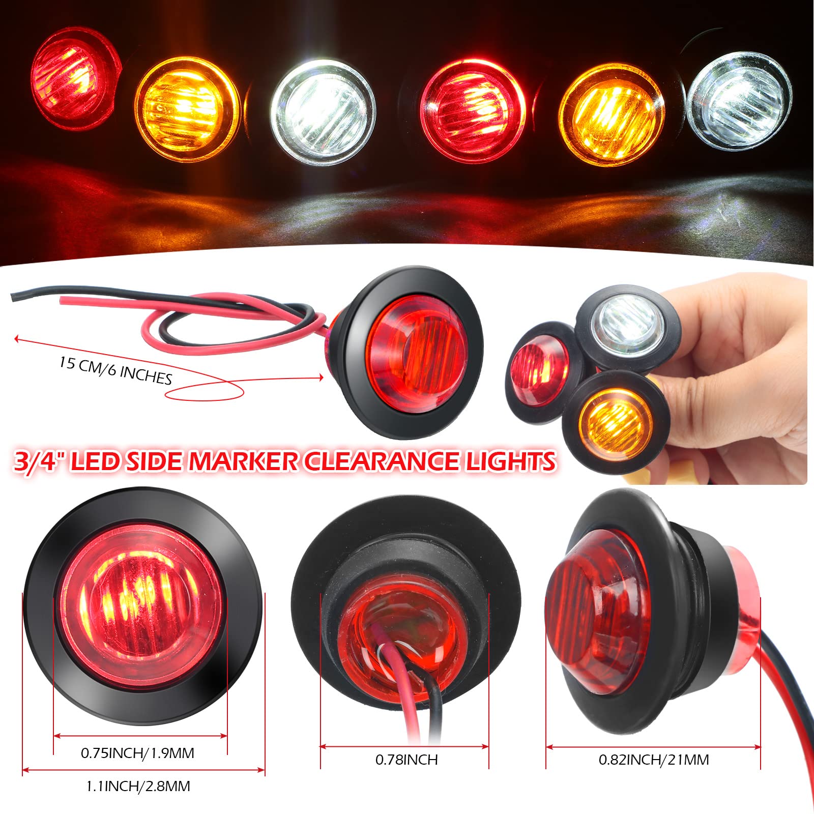 90 Pack 3/4 Inch LED Side Marker Lights - Mini Trailer Button Lights with 3 LED Sealed Flush Mount Bulb - 12V DC Amber/Red/White Round Signal Lamps for Boat, Truck, Pickup, Bus & RVs - Perfect for Night Driving & Safety Visibility