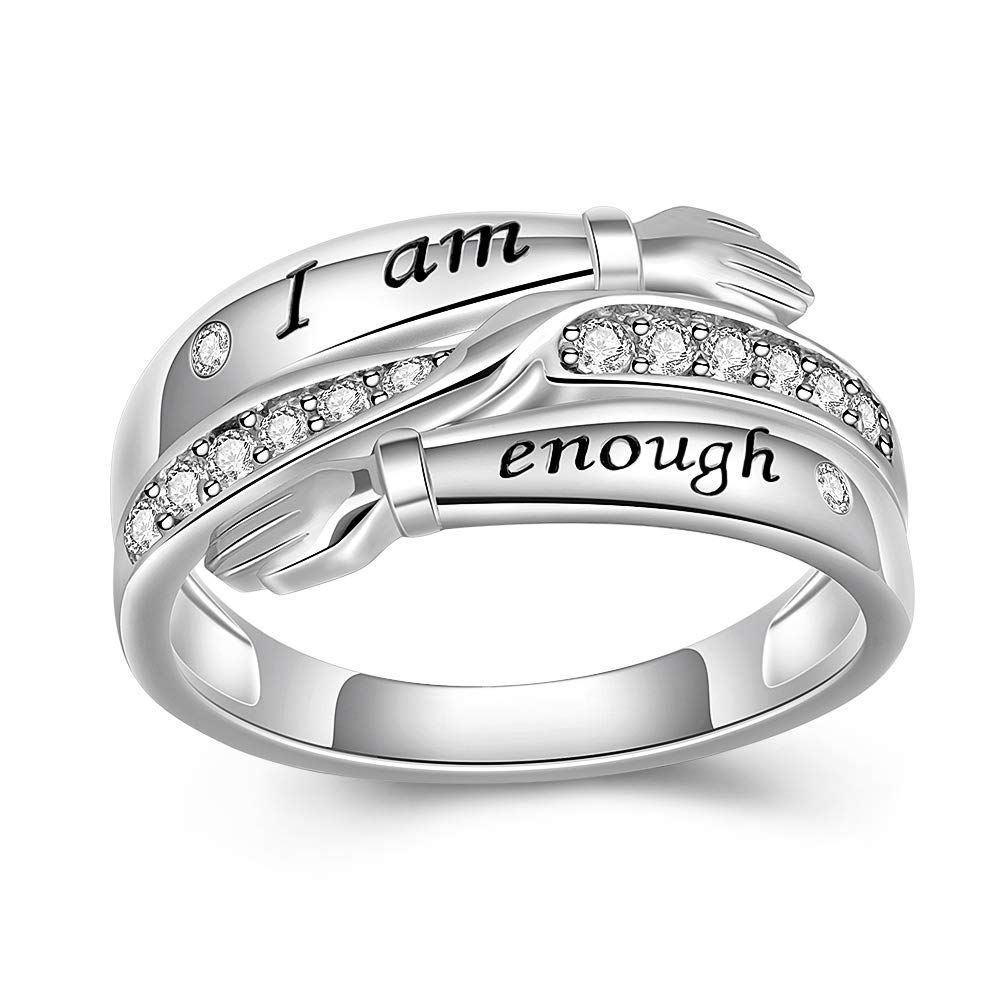 Sterling Silver 'I Am Enough' Hug Ring - Matching Engagement & Promise Ring for Women - Best Friend Gift - Cubic Zirconia Crystal - Anxiety Relief Fidget Ring - Dainty & Cute Jewelry - Size 5-12 - Perfect for Self-Love, Friendship & Everyday Wear