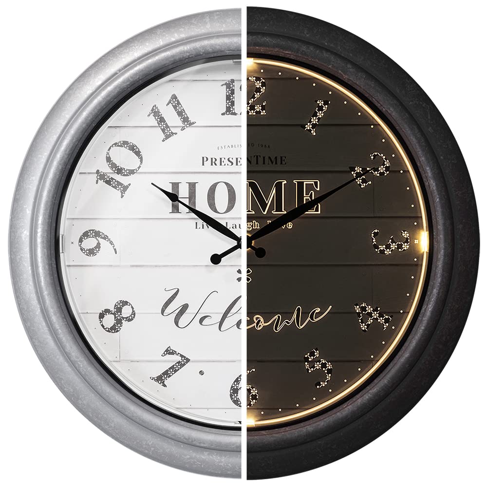 Presentime & Co 18 Inch Vienna Modern Farmhouse Wall Clock - Indoor/Outdoor Shiplap Style with Galvanized Silver Finish & Smart Sensor Night Light - Perfect for Living Room, Bedroom, Patio, and Garden Decor