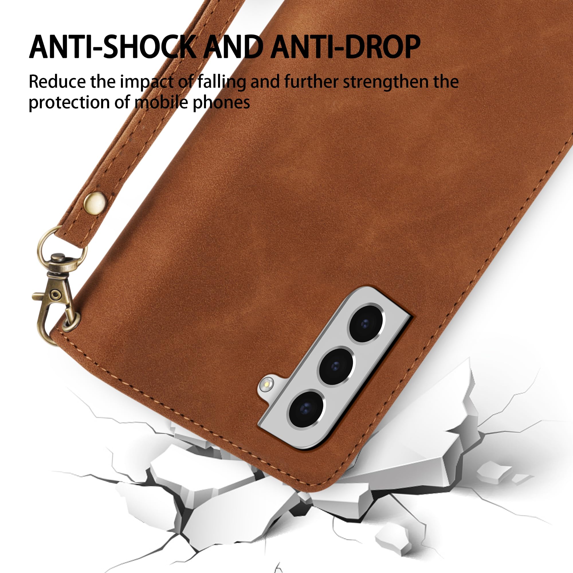 Premium Soft PU Leather Zipper Flip Folio Wallet Case for Samsung Galaxy S22 Plus (6.6 Inch) - Card Slots, Wrist Strap & Kickstand | Protective Cover for Everyday Use, Travel & Business Meetings (Brown)