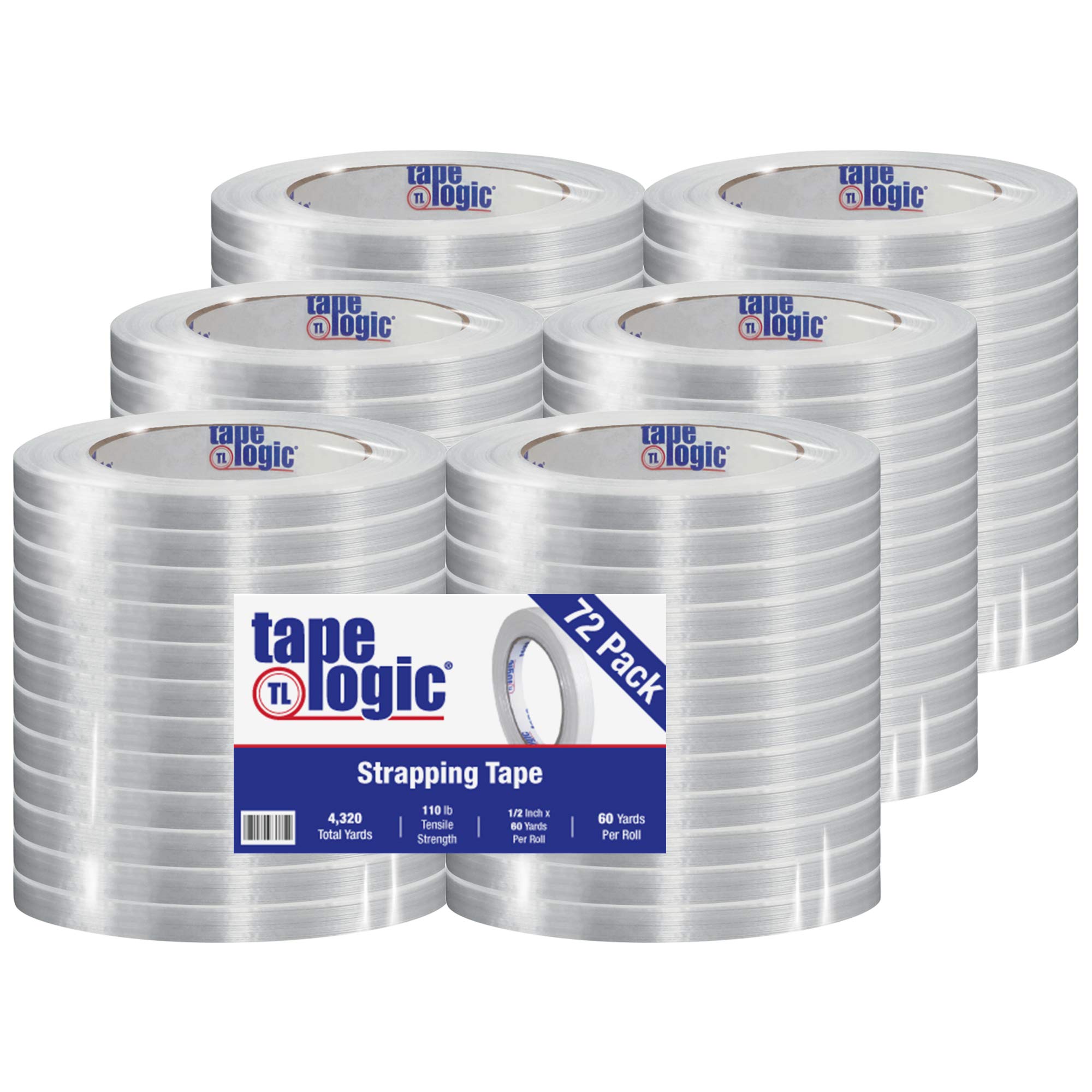 Aviditi Tape Logic 1/2 Inch x 60 Yards Clear Reinforced Glass Filament Strapping Tape - 72 Rolls for Light-Duty Bundling, Shipping, Packing & Securing Packages - Ideal for E-commerce, Warehouse & Moving Supplies