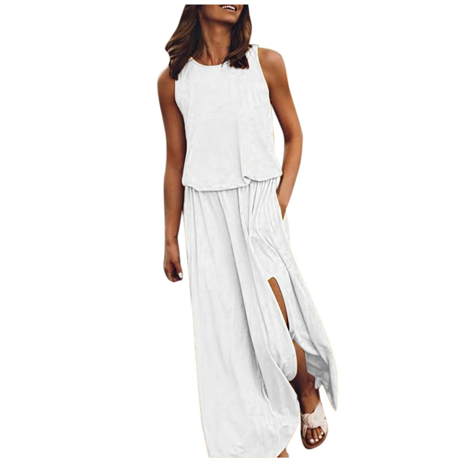 Women's Sleeveless Pleated Maxi Dress with Pockets - Flowy Split Elastic Waist Summer Sundress - Plus Size Loose Tank Dress for Beach, Vacation & Casual Wear