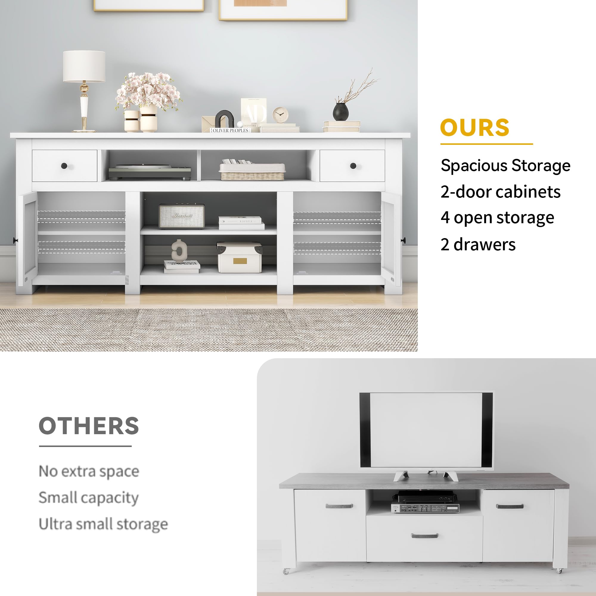Rustic Farmhouse TV Stand for 75-80 Inch TVs - Entertainment Center with Storage Drawer & Built-in Power Outlet - White Media Console Furniture (70
