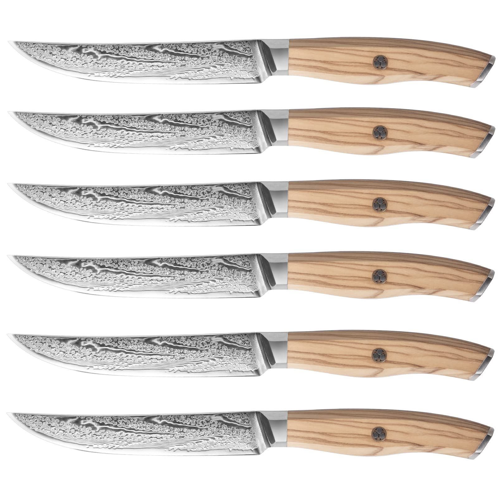 Premium 6-Piece Steak Knife Set - 5 Inch Damascus Steel Blades, Ultra-Sharp VG10 Japanese Steel, Rust-Resistant & Durable - Olive Wood Handle Non-Serrated Steak Knives in Gift Box - Perfect for Fine Dining, BBQ Parties & Gourmet Cooking