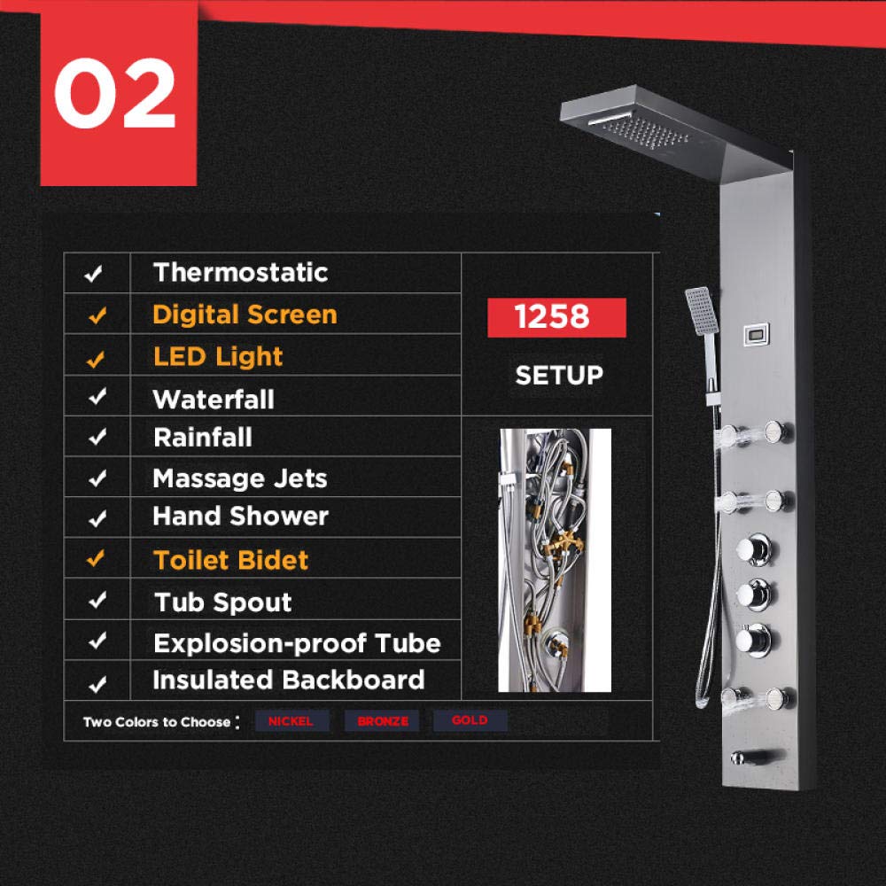 Black Thermostatic Shower Panel with Rain Shower Column, 6 Massage Jets & Hand Shower - Waterfall Tub Spout for Luxurious Bathroom Upgrade | Perfect for Master Bath, Spa-Like Experience & Modern Home Renovation
