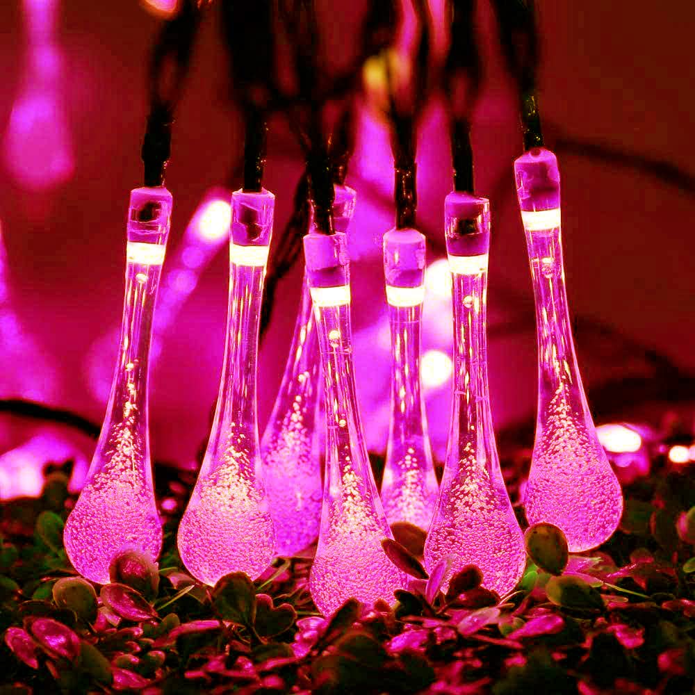 WONFAST 20ft 30LED Solar Outdoor String Lights - Waterproof Crystal Water Drop Fairy Lights for Garden, Patio, Wedding & Christmas Decor (Pink) | Solar Powered Party Lights for Outdoor Decoration & Festive Events