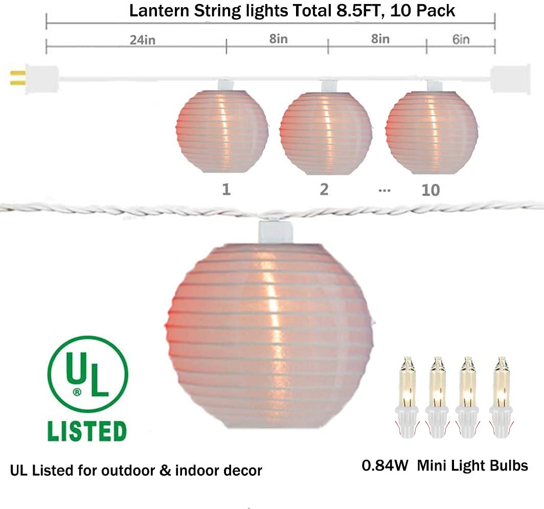 White Lantern String Lights Plug in - 8.5Ft Hanging Indoor/Outdoor Decorative Fairy Lights with 10 Cute White Nylon Lanterns, Connectable for Bedroom, Ramadan, Backyard, Patio, Bistro & Wedding Decor - Perfect for Parties, Holidays and Cozy Ambiance
