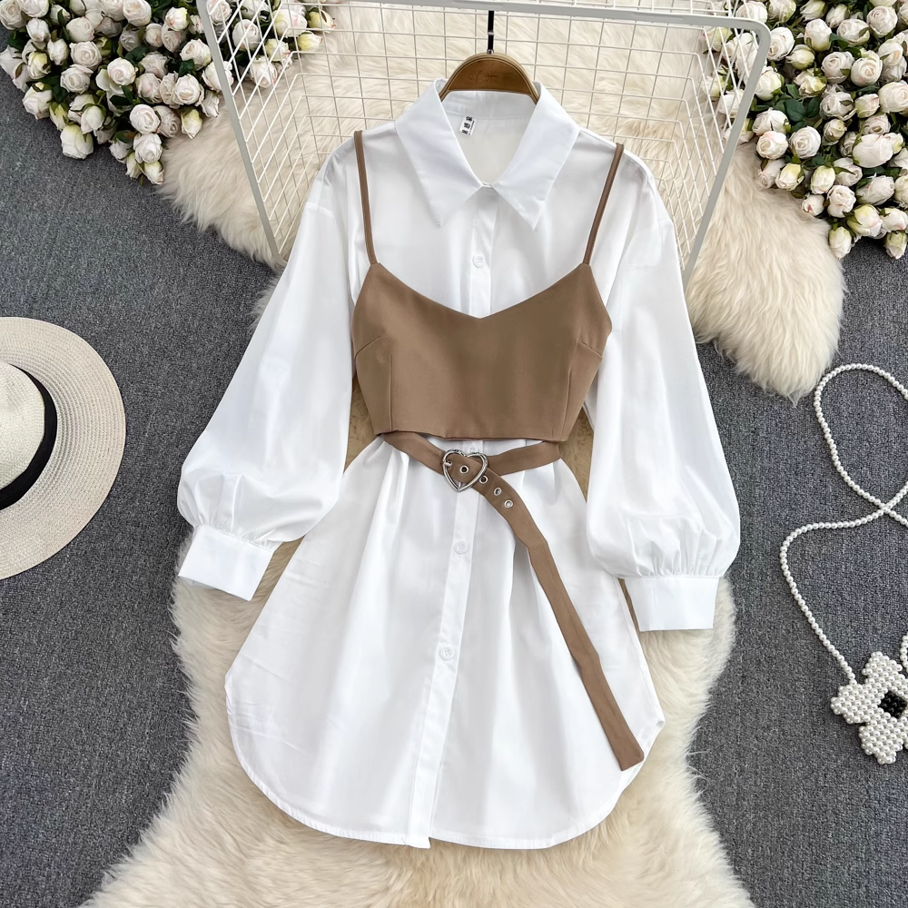 Vintage Hong Kong Style White Shirt Dress 2-Piece Set - Autumn Fashion for Women | Office Wear, Casual Outfits & Date Night Looks