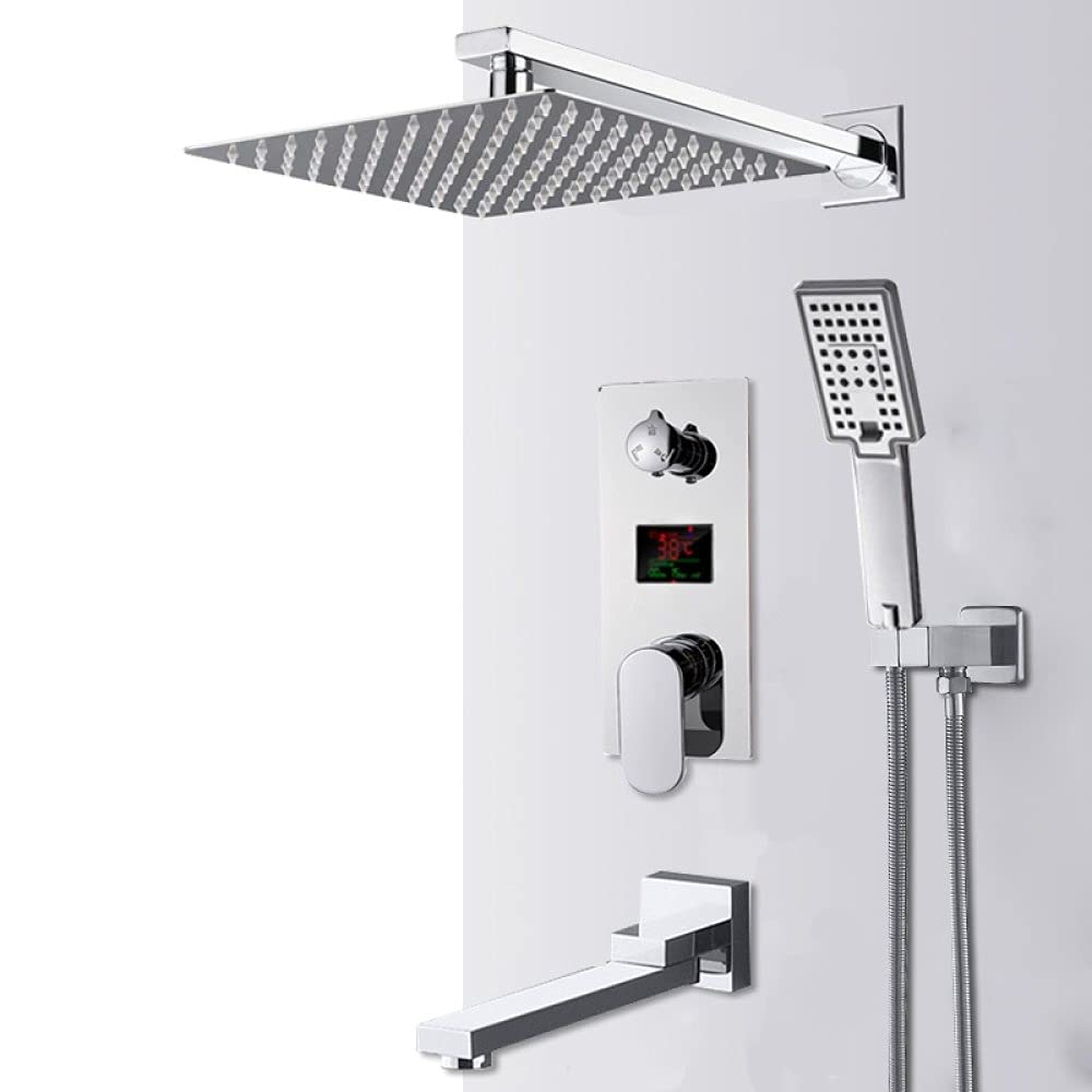 Digital Display Shower Faucet Set with Rainfall Showerhead - Chrome Bathroom Shower System, 2-Way Mixer with LCD, 12 Inch for Bathtub & Shower | Perfect for Modern Bathroom Renovations & Spa-Like Experience