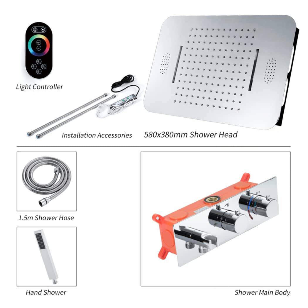 16 Colors LED Music Shower System - Luxury Hot/Cold Rainfall Shower Head Combo with 580x380mm 2-Function Faucet Set for Modern Bathroom Upgrade | Perfect for Spa-Like Relaxation & Mood Lighting