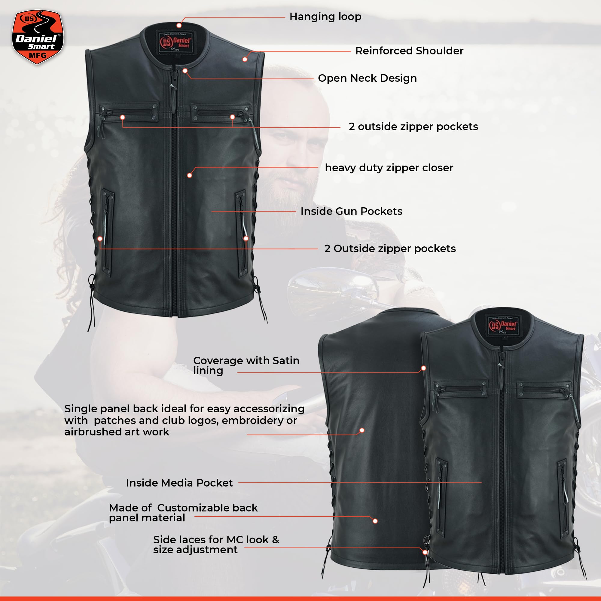 Daniel Smart Men's Black Leather Vest - Soft Full Grain Leather with Front Zipper, Side Laces & Armory Pockets | Motorcycle Riding, Casual Outfits & Biker Fashion