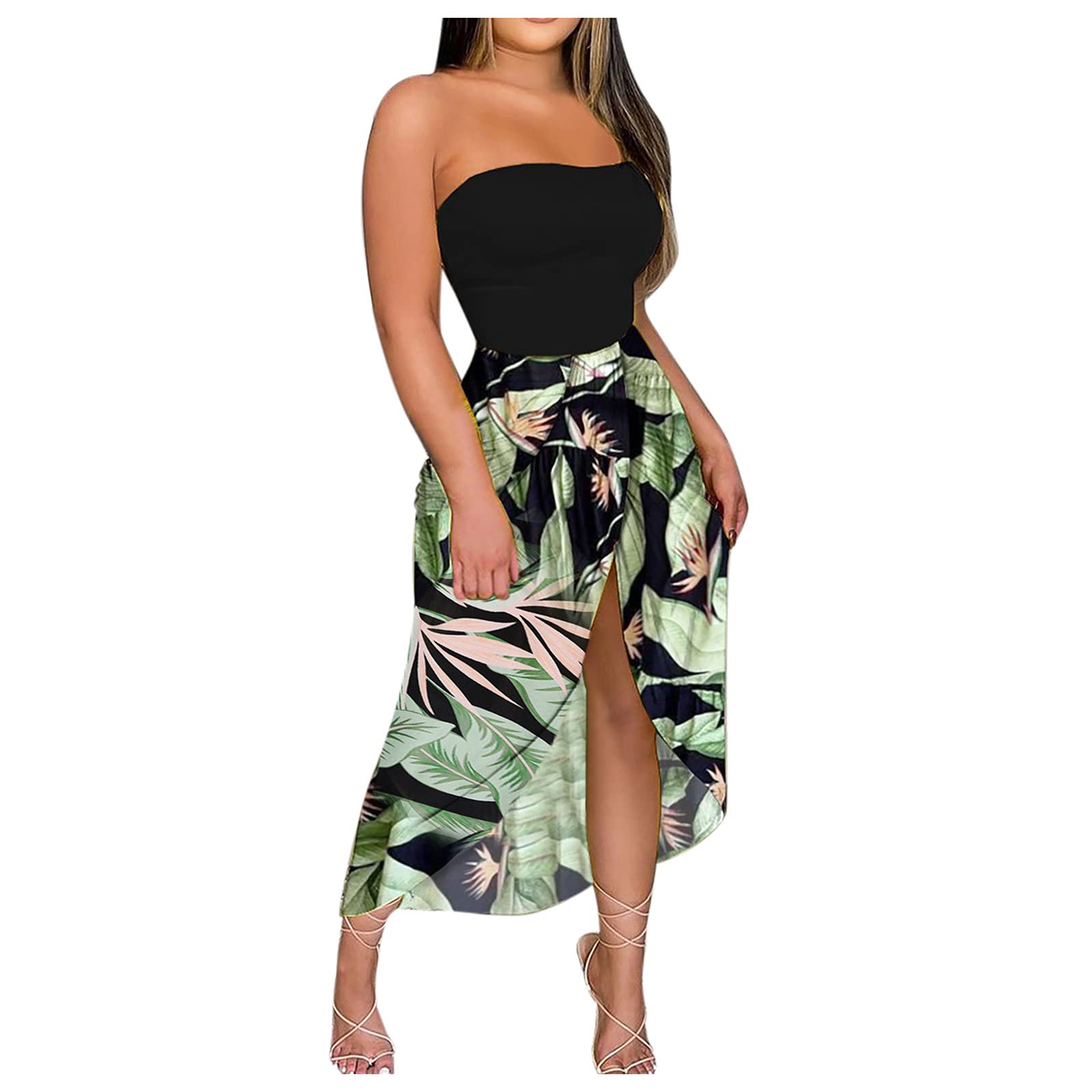 Women's Floral Print Off Shoulder Strapless Maxi Dress - Casual Beach Wrap Dress with Split Hem for Summer | Perfect for Vacations, Pool Parties & Date Nights