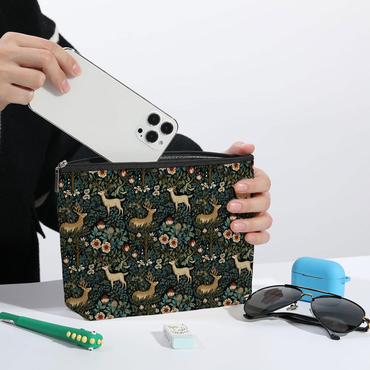 Forest Deer Floral Makeup Bag - Waterproof Cosmetic & Toiletry Pouch for Women - Perfect Gift for Christmas, Birthday, Thanksgiving, Graduation - Ideal for Sister, Daughter, Teacher, Coworker & Boss Lady - Great for Travel, Gym & Daily Organizer
