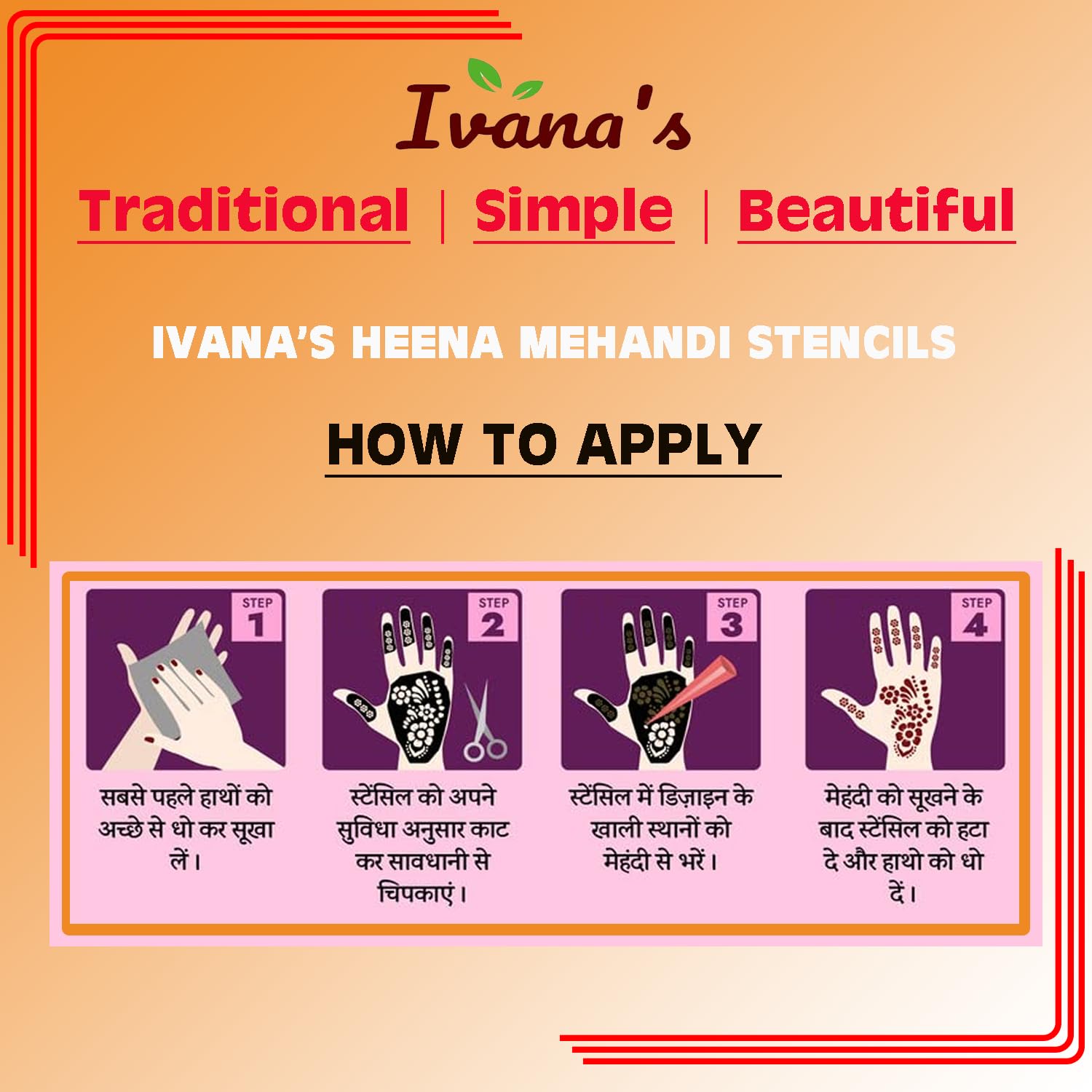 34 Pcs Reusable Henna Stencils Kit for Hands, Wrists, Body & Face - Easy 4-Step Indian Mehndi Designs for Women, Girls & Kids (A-2001) - Perfect for Weddings, Festivals & DIY Body Art