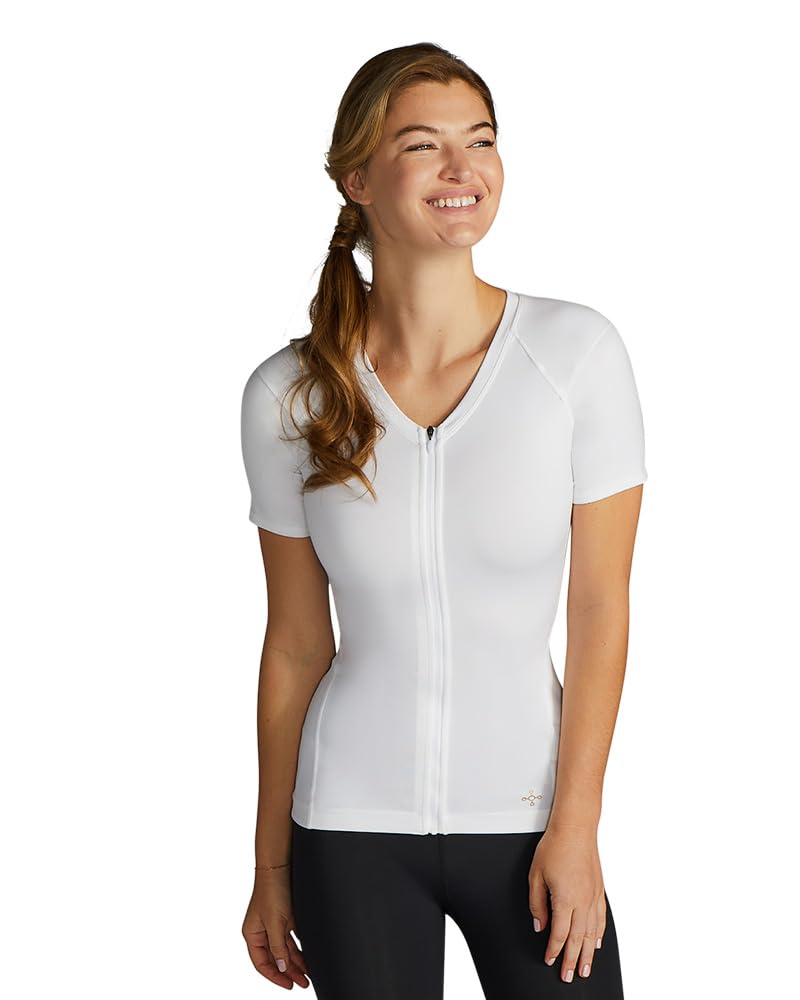 Tommie Copper Women's Short Sleeve V-Neck Compression Shirt with Front Zipper – Posture Corrector for Back & Shoulder Support – Ideal for Yoga, Workouts & Pain Relief