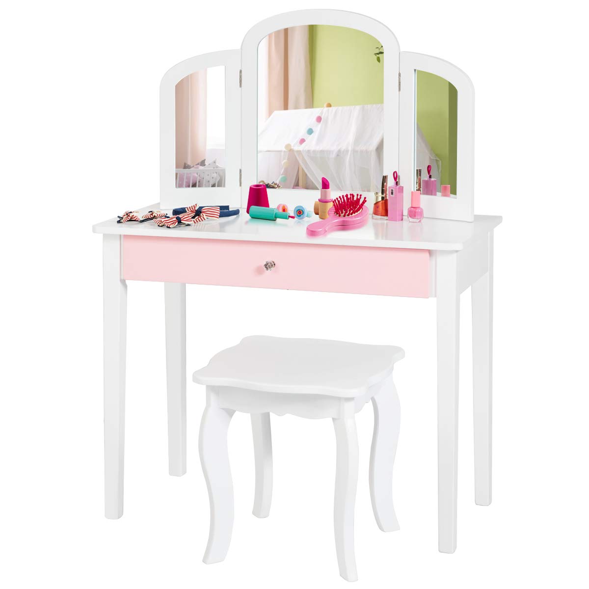 Princess Makeup Vanity Set with Mirror & Chair for Girls - Pretend Play Beauty Dressing Table (White)