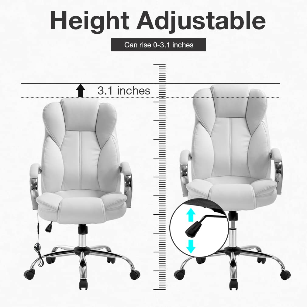 Adjustable High Back Ergonomic Office Chair with PU Leather & Lumbar Support - Executive Computer Task Chair with Massage & Swivel Wheels for Home Office - Perfect for Long Work Hours & Video Conferencing (White)