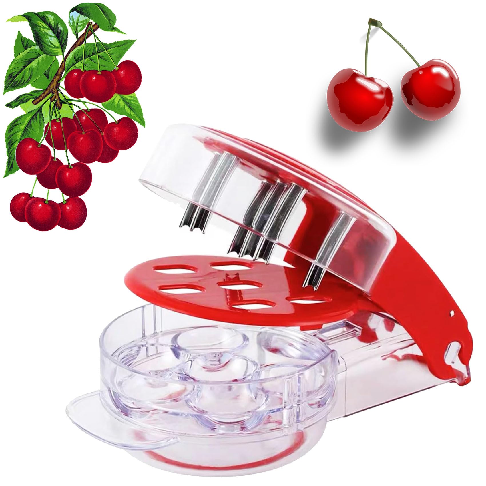 Premium Cherry Pitter Tool - 6-in-1 Cherry Seed Remover & Corer for Fast Pitting - Stainless Steel Kitchen Gadget for Baking, Fruit Salads, Jam Making - Portable Red Cherry Pit Remover for Home & Commercial Use