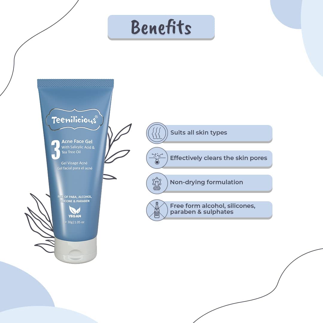Teenilicious Acne Face Gel with 2% Salicylic Acid & Tea Tree Oil - Acne Treatment for Men & Women - Blackhead & Whitehead Remover - Pore Cleanser for Oily Skin - 30g | Daily Skincare Routine for Clear, Healthy Skin