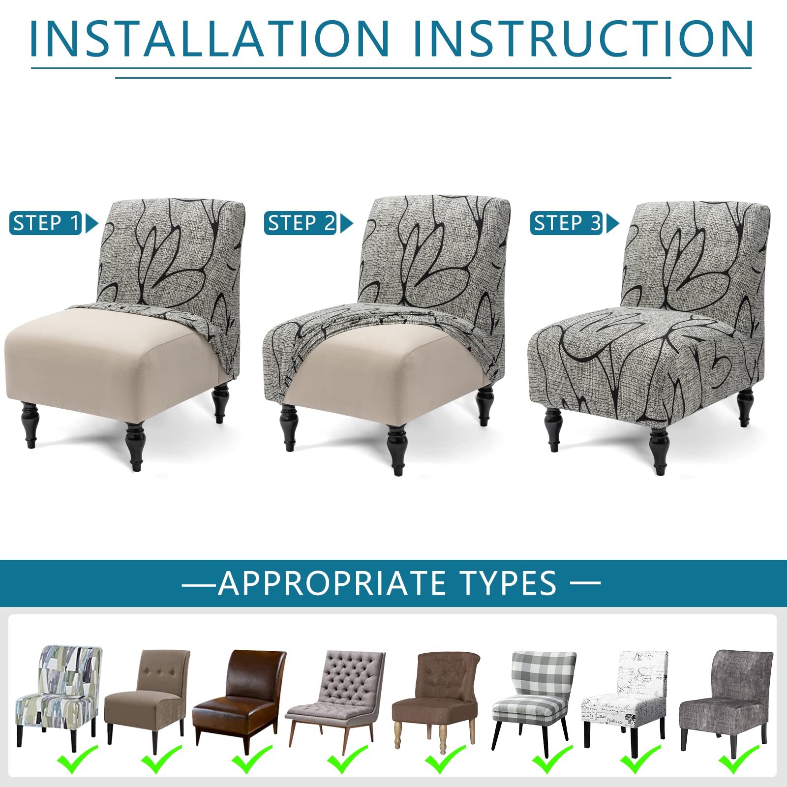 Liykimt Armless Accent Slipper Chair Cover - Stretch Spandex Slipcover for Armless Chairs, Removable Furniture Protector in Gray/Black - Perfect for Living Room, Dining Room & Home Decor
