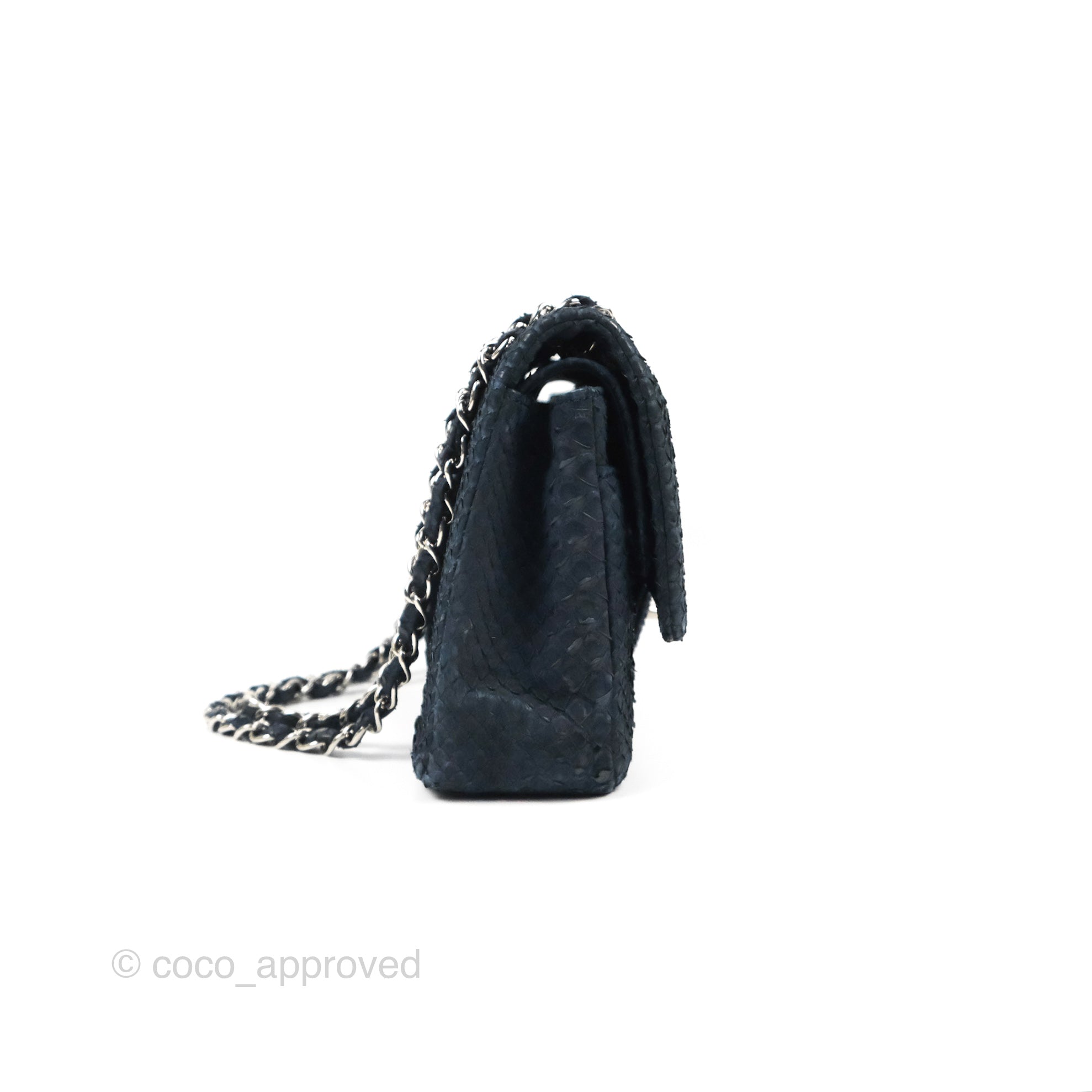 Chanel Classic Medium Flap Bag in Navy Python Leather with Silver Hardware - Perfect for Evening Events & Luxury Fashion Accessories