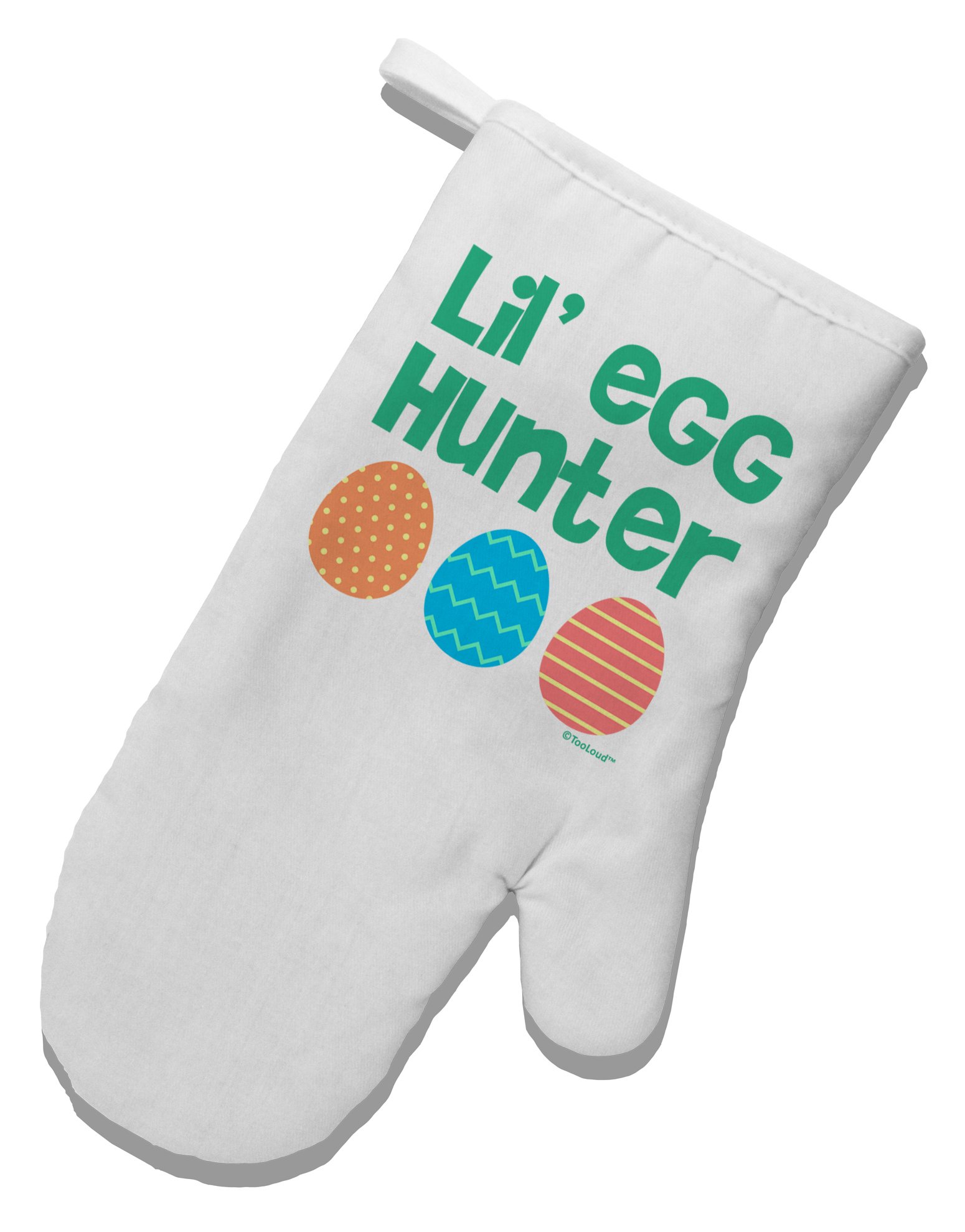 TooLoud Lil' Egg Hunter Easter Oven Mitt - Green and White Printed Fabric Kitchen Glove for Baking, Cooking & Holiday Decor - Perfect for Easter Celebrations & Home Decor