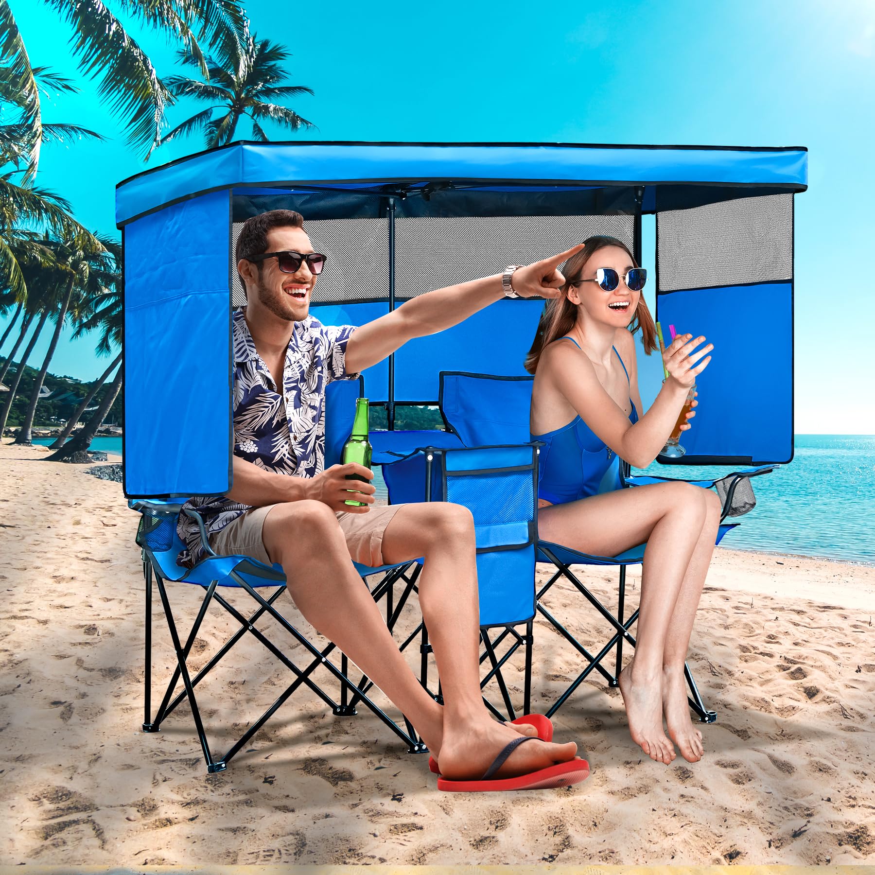 Double Camping Chair with Canopy Shade & Cup Holder - Portable Folding Loveseat with Cooler Bag for Beach, Sports, Lawn, Patio & Outdoor Activities - Perfect for Picnics, Camping Trips & Backyard Relaxation