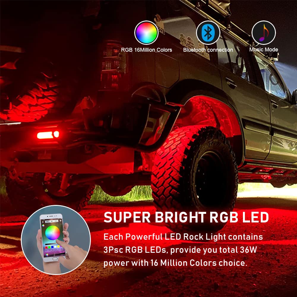 YCHOW-TECH RGB LED Rock Lights Kit - 6 Pods Wireless IP68 Waterproof Multicolor Underglow Neon Lights with Bluetooth App Control | Music Sync & Flashing Modes for Trucks, ATVs, UTVs, RZRs, SUVs | Off-Road, Car Shows & Night Driving Enhancement
