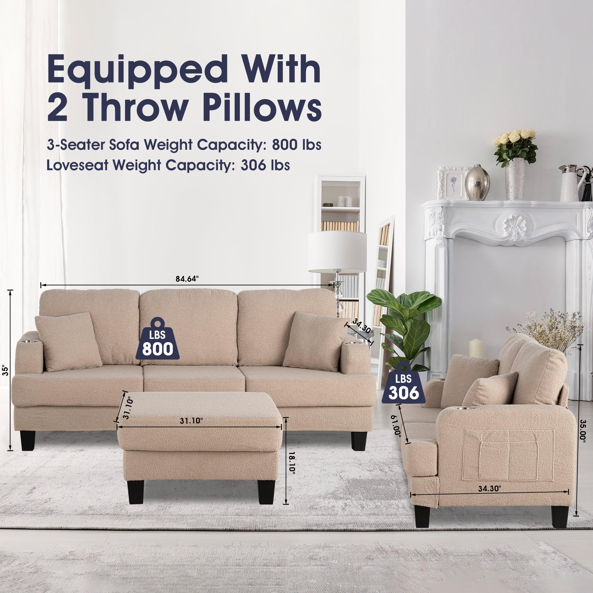Beige 3-Piece Sofa Set with Storage Ottoman & USB Charging Ports - Modern Living Room Furniture for Small Spaces, Apartments & Home Theater Seating
