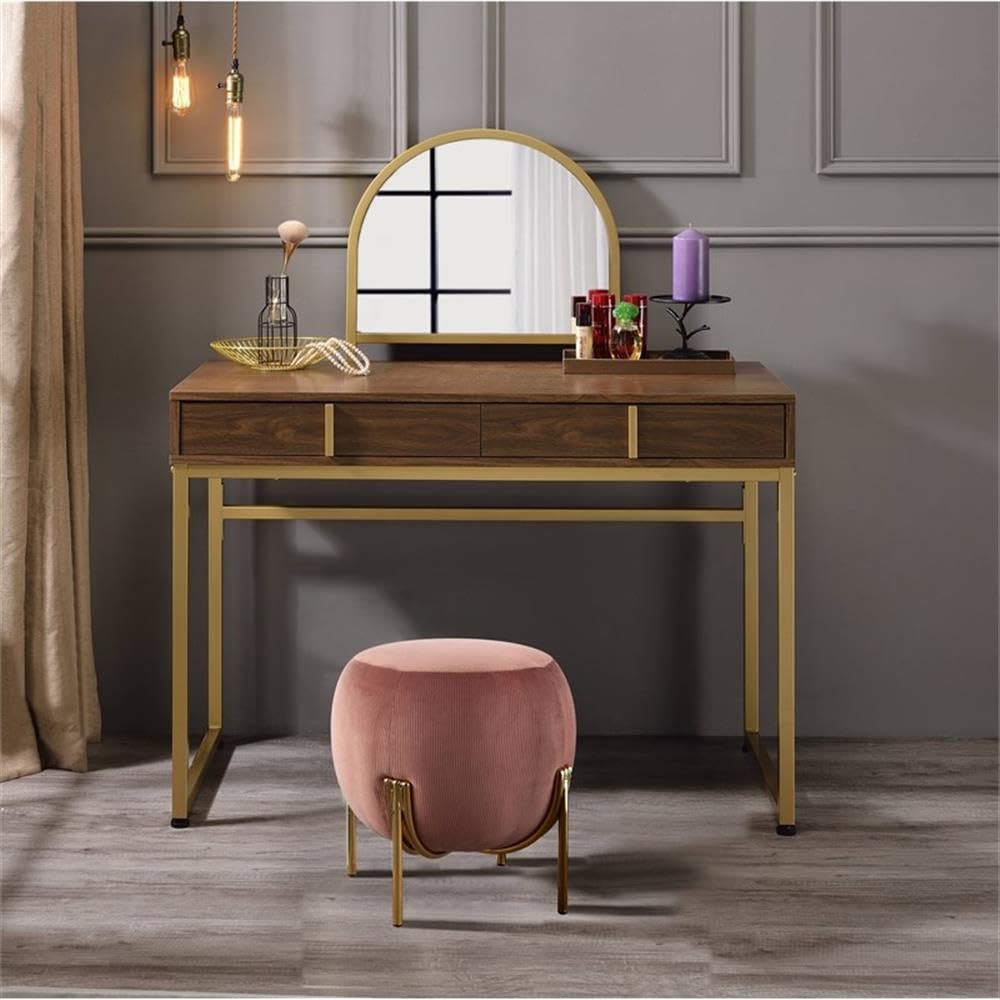 Acme Coleen Vanity Desk - Walnut & Gold Finish Modern Dressing Table with Mirror | Perfect for Bedroom Makeup & Skincare Routine