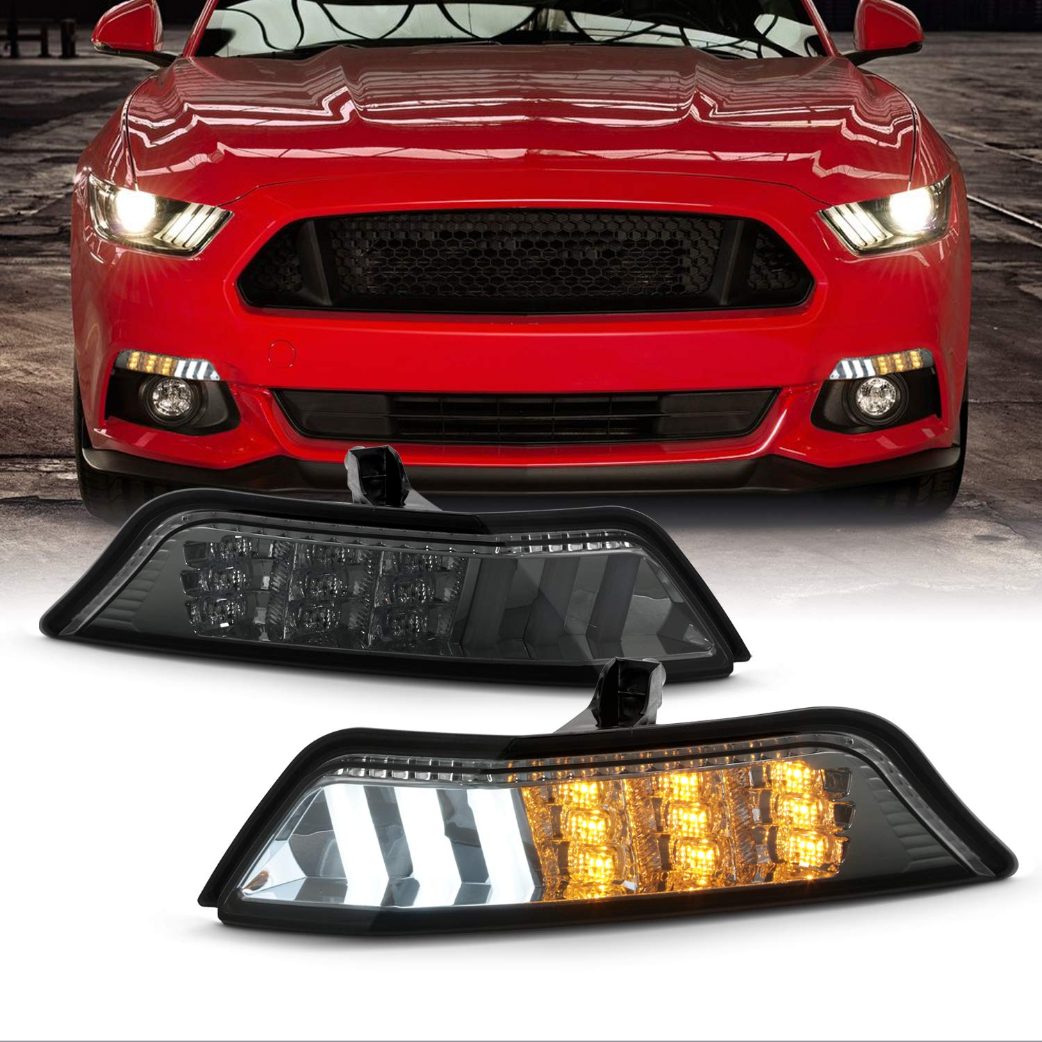 AKKON Smoked LED Front Bumper Lights for 2015-2017 Ford Mustang - Sequential Turn Signal & Parking Lamp Pair (Left+Right) | DRL Upgrade for Enhanced Visibility & Style