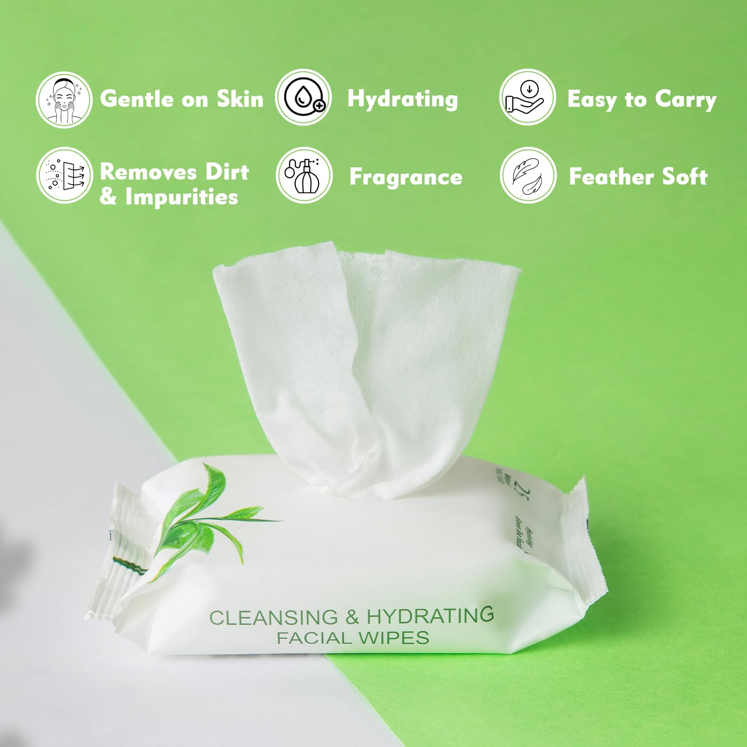 Glam21 Facial Wipes - Super Soft & Moisturizing Green Tea Cleansing Wipes for Makeup Removal & Skin Refreshment | Pack of 25 | Perfect for Travel, Gym & Daily Skincare Routine