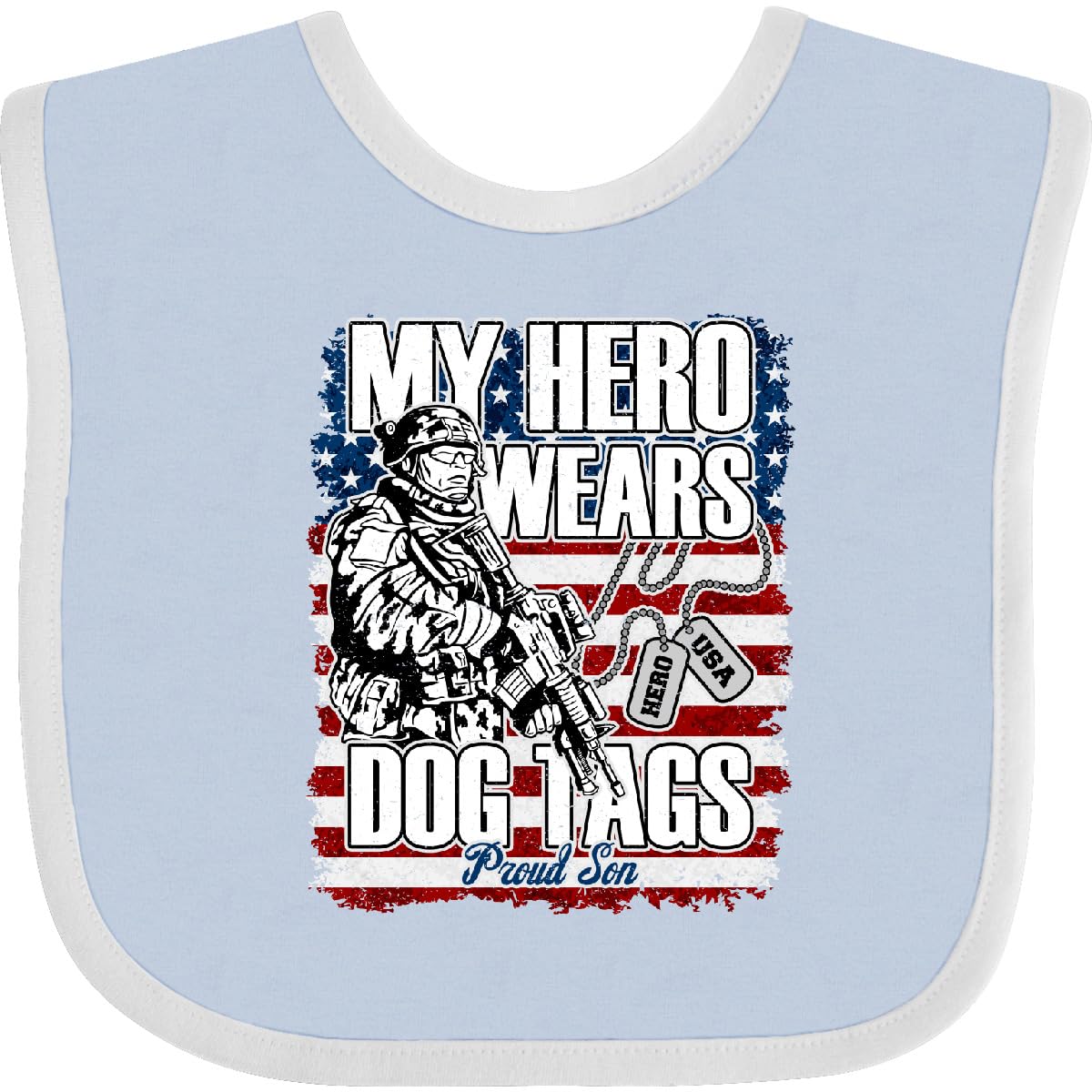 Inktastic Proud Son Hero Wears Dog Tags Military Dad Baby Bib - Soft Cotton Drool Bib for Infants & Toddlers - Perfect for Military Families, Patriotic Events & Everyday Use