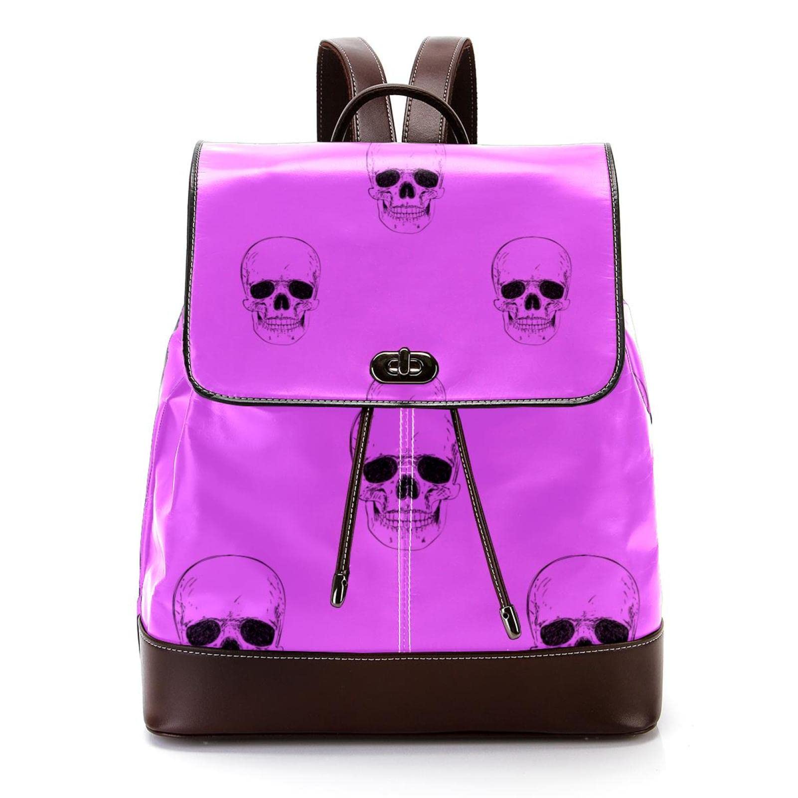 Stylish Skull Print Purple PU Leather Backpack for Women & Girls - Fashionable Travel, School & Shoulder Bag - Perfect for College, Commuting & Daily Use