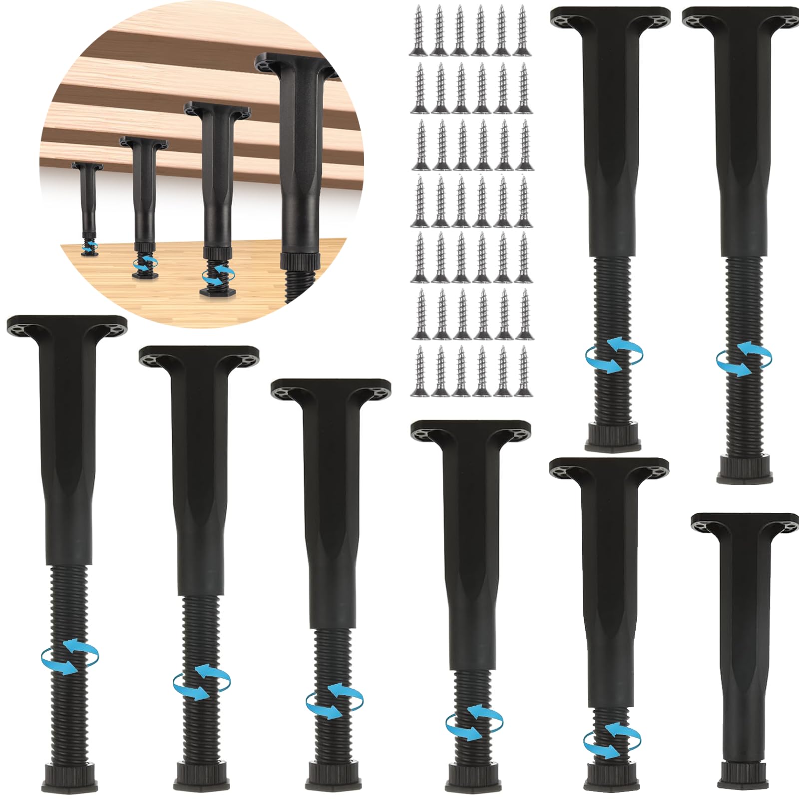 8PCS Adjustable Height Bed Frame Support Legs 7.6-13.5 Inch - Heavy Duty Metal Furniture Legs for Bed Frame, Cabinet & Wooden Furniture Replacement - Perfect for Bedroom, Living Room & Office Furniture Support