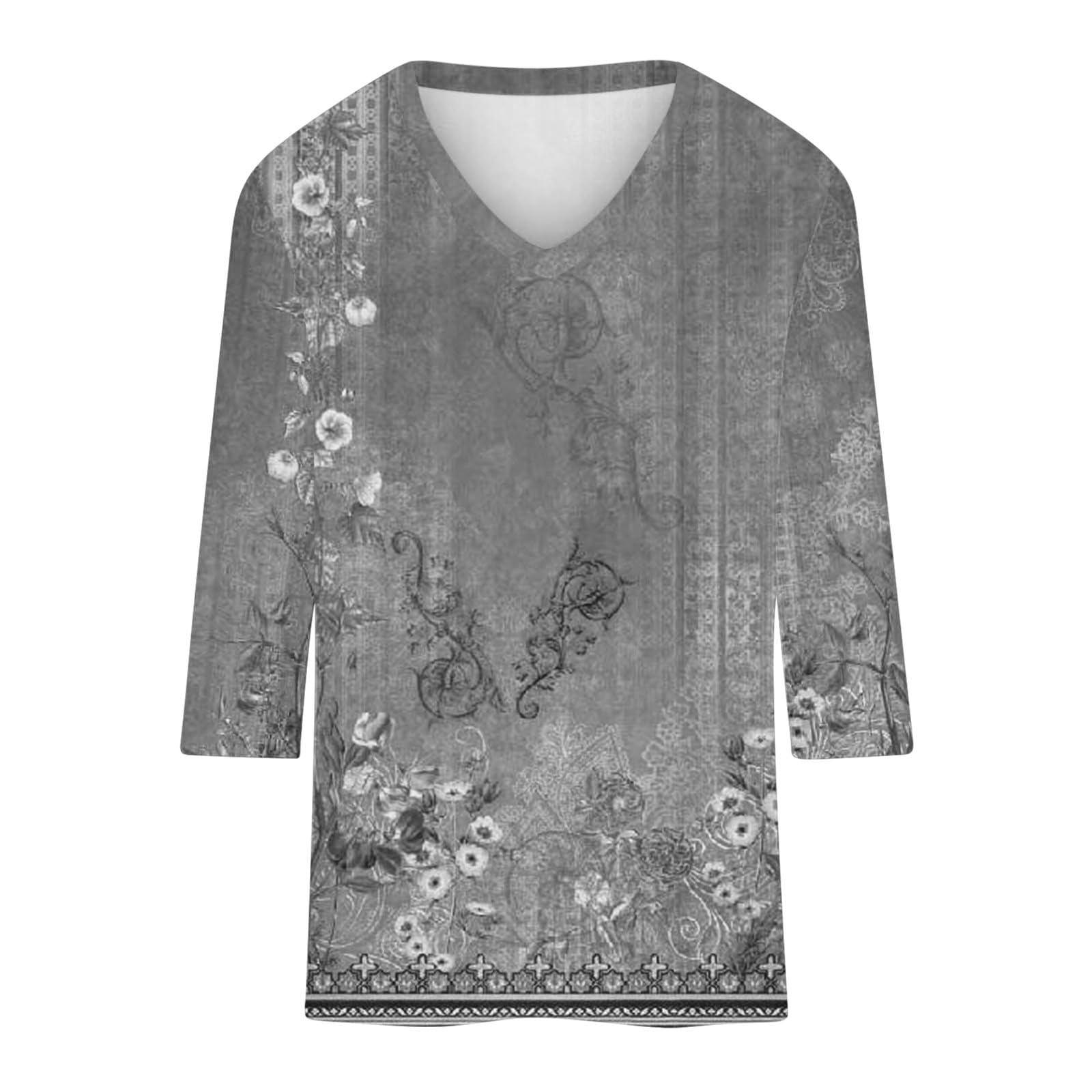 Trendy 2024 Women's 3/4 Sleeve V-Neck Blouse with Ethnic Print for Casual Outings