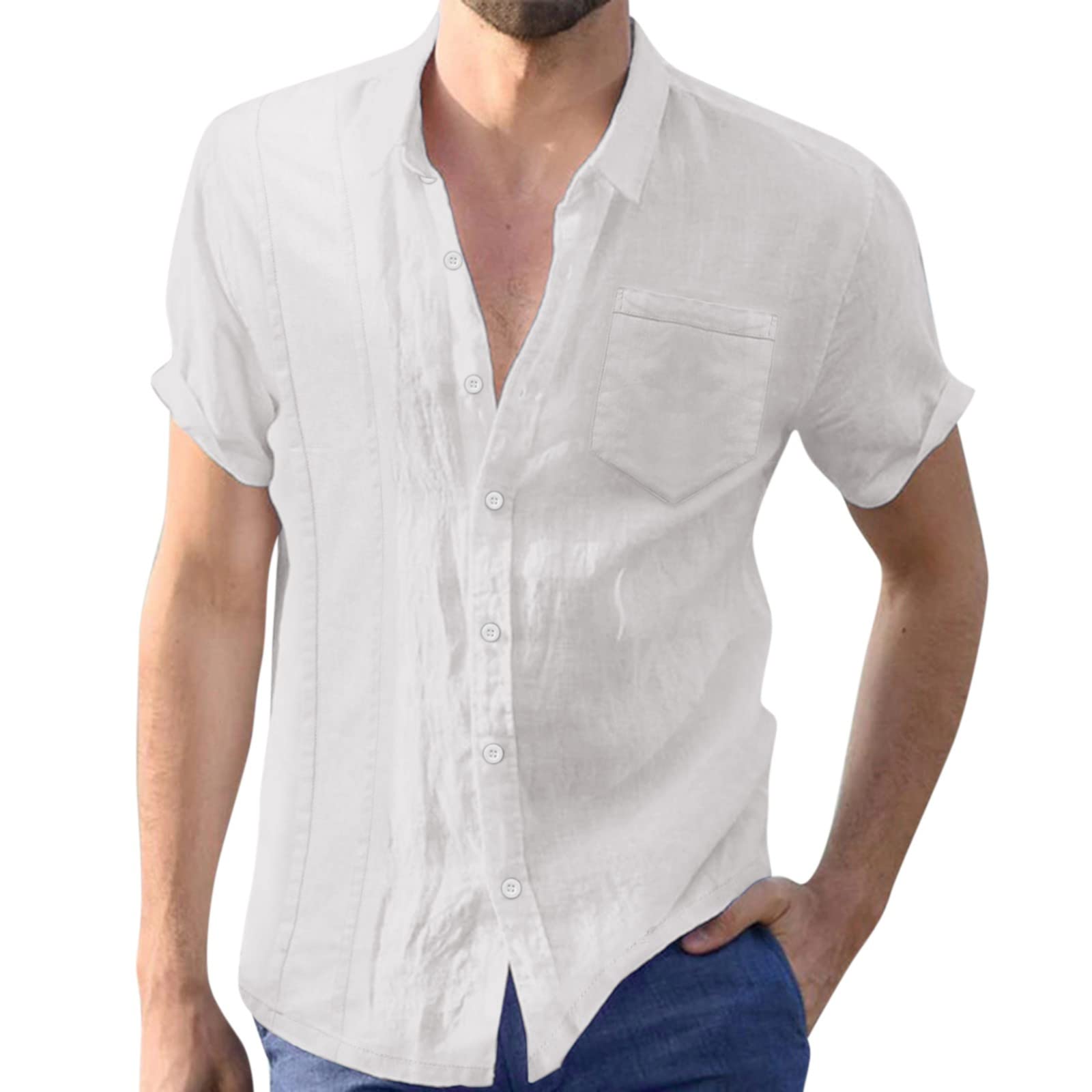 Men's Linen Shirt - Breathable Short Sleeve Casual & Business Shirt for Summer | Beach, Office & Outdoor Wear | Hawaiian Style Plain Basic Top