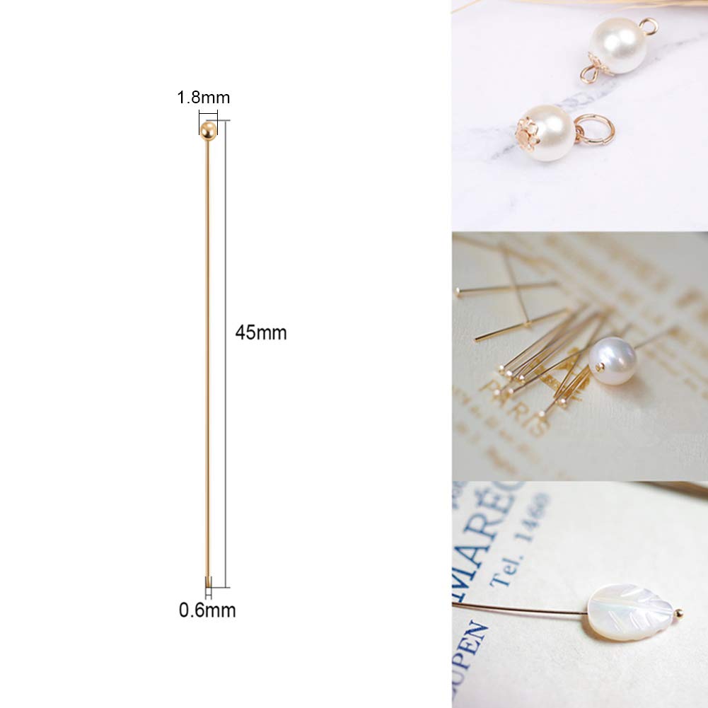BENECREAT 100PCS 18K Real Gold Plated Ball Head Pins - 22 Gauge, 45mm (1.8