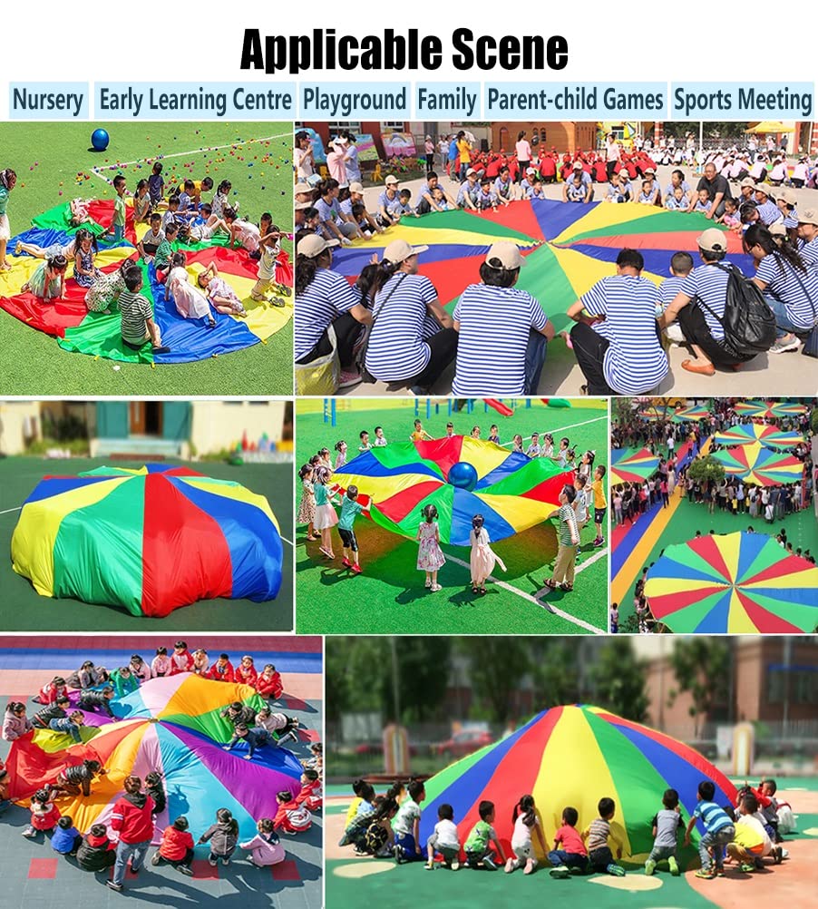 1-12M Kids Rainbow Play Parachute - 8m/26.24ft Outdoor Activity Toy for Field Day, Carnival Games & Team Building - Perfect for Preschool Playtime, Birthday Parties & Family Reunions