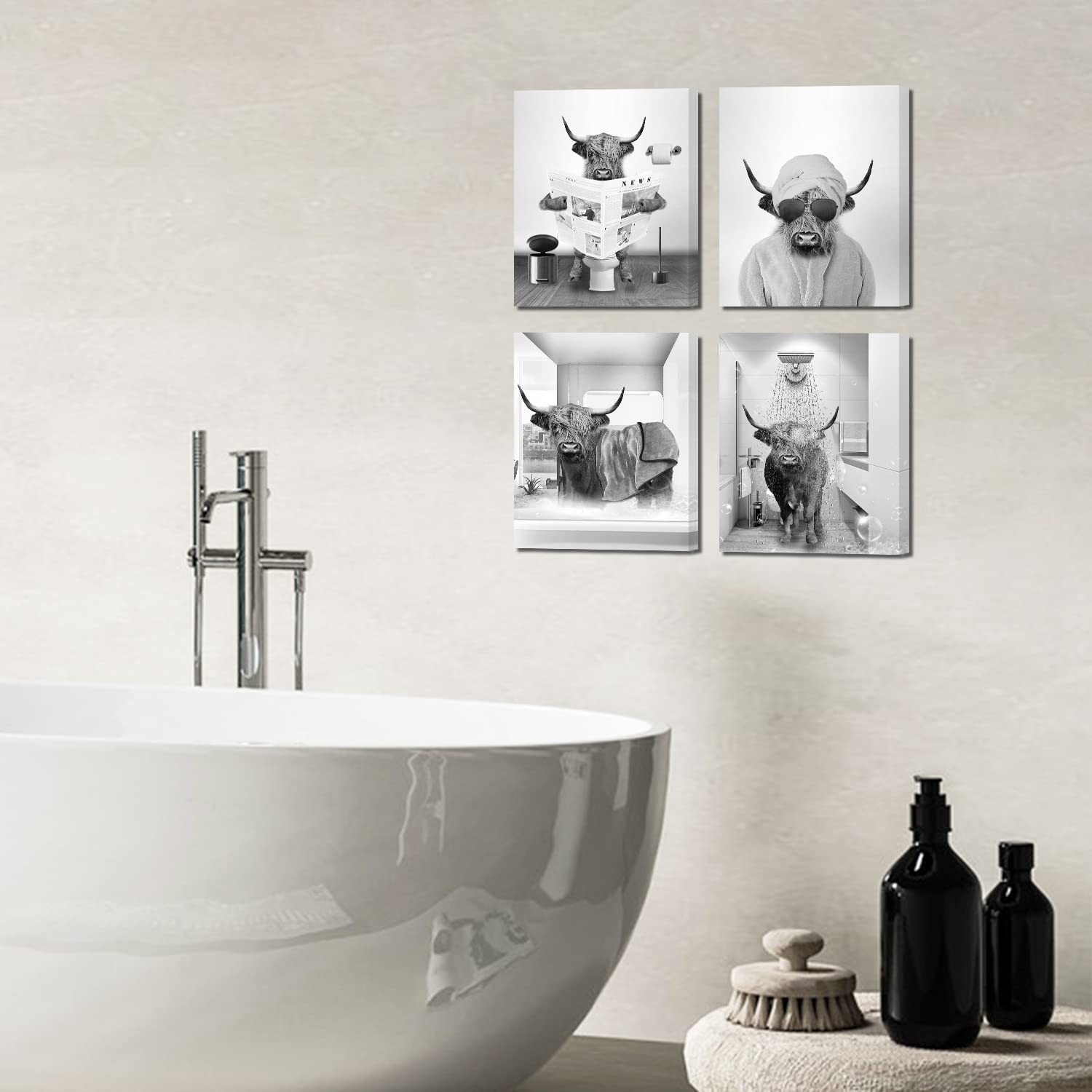 Funny Cow Wall Art Set - 4 Framed Bathroom Pictures (12x16in) for Farmhouse & Kids Decor