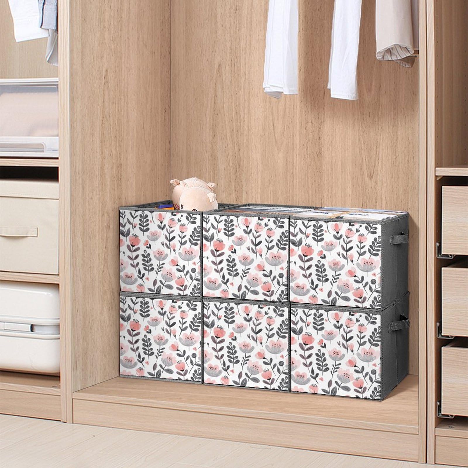6-Pack Collapsible Storage Bins with Handles - Peach Blossom Printed Foldable Organizer Boxes for Home, Closet, Pantry & Shelf Organization - Space Saving Storage Baskets for Household, Office & Kids Room