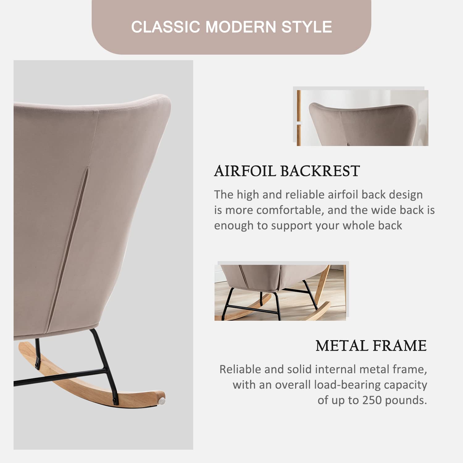 Modern Rocking Glider Chair for Nursery - High Back Support & Padded Armrests - Plush Upholstered Accent Chair for Living Room, Bedroom (Beige) | Perfect for Breastfeeding, Reading Nook & Nursery Decor