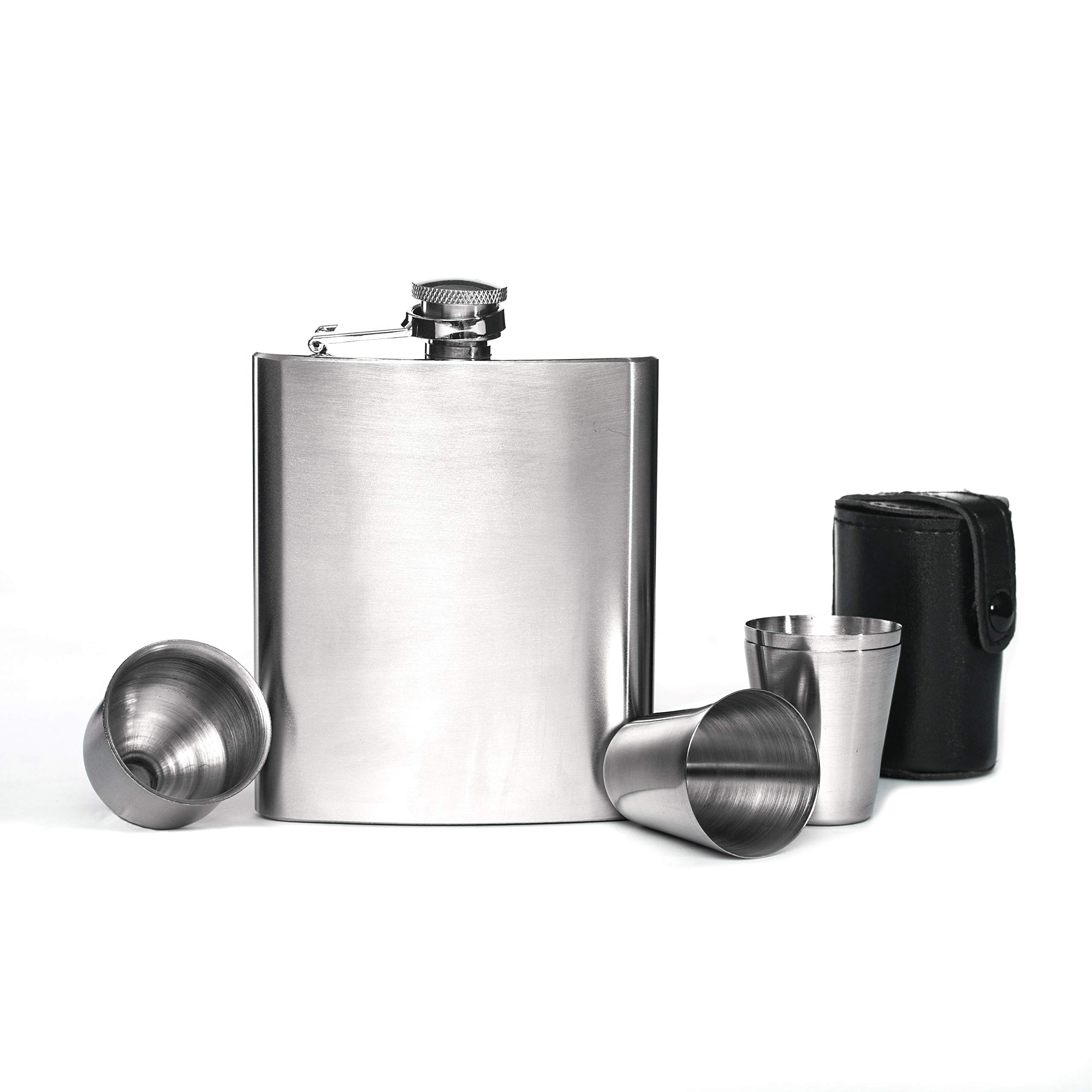 Premium Stainless Steel 7 oz Liquor Hip Flask Set with Funnel, 4 Shot Glasses & Leather Pouch - Perfect for Outdoor Adventures, Camping, Parties & Gifts