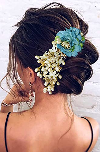 Artificial Peony Flower Hair Comb with Pearls - Elegant Hair Slide & Bun Accessory for Women & Girls (Blue) | Perfect for Weddings, Prom & Special Occasions